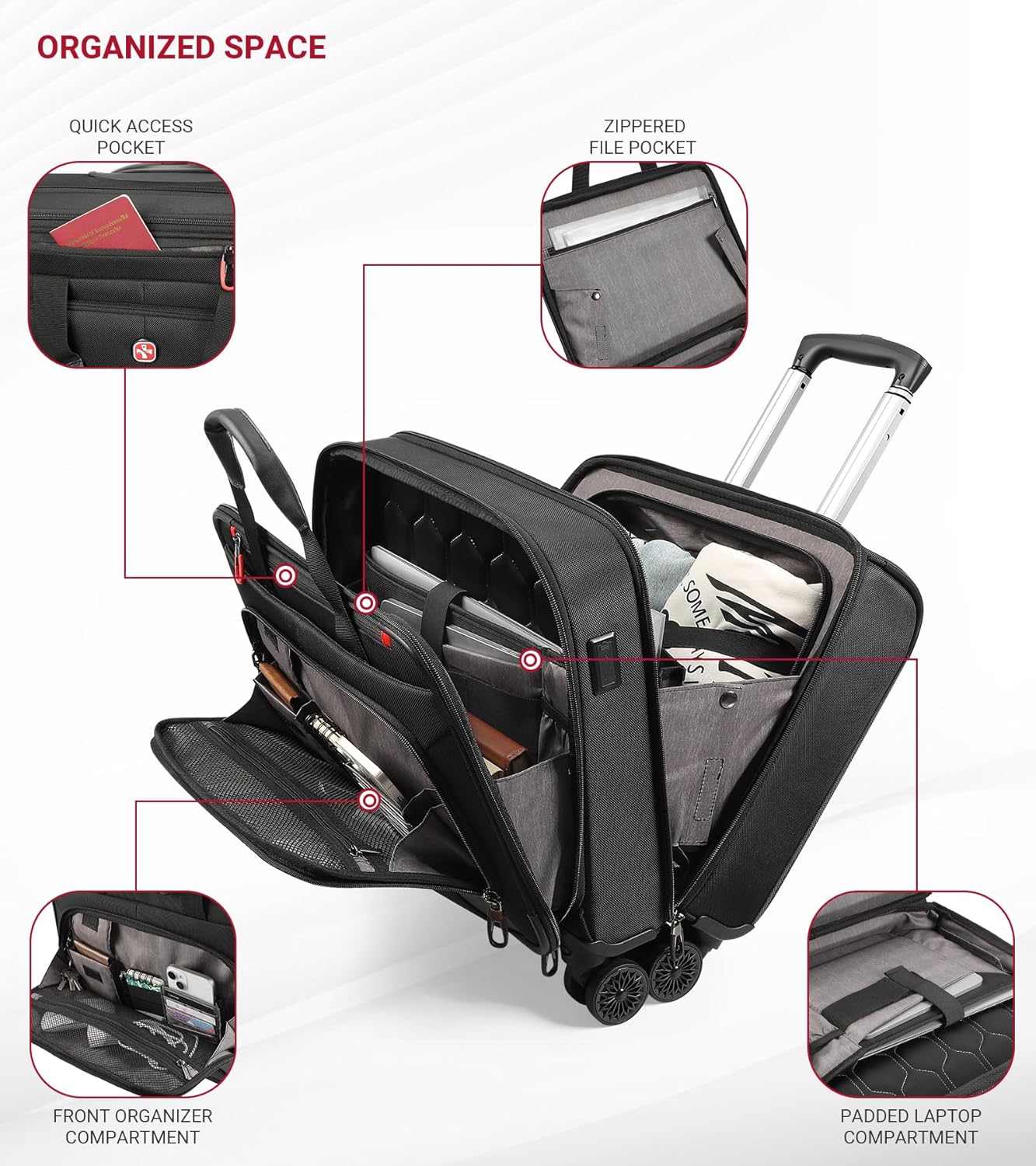 star cloud Rigid Frame Roling Laptop Bag on Wheels, Rolling Briefcase with USB & Type-C Charging Port,Water Resistant Rolling Computer Bag for 17.3 Inch Laptop, Work Travel and Business