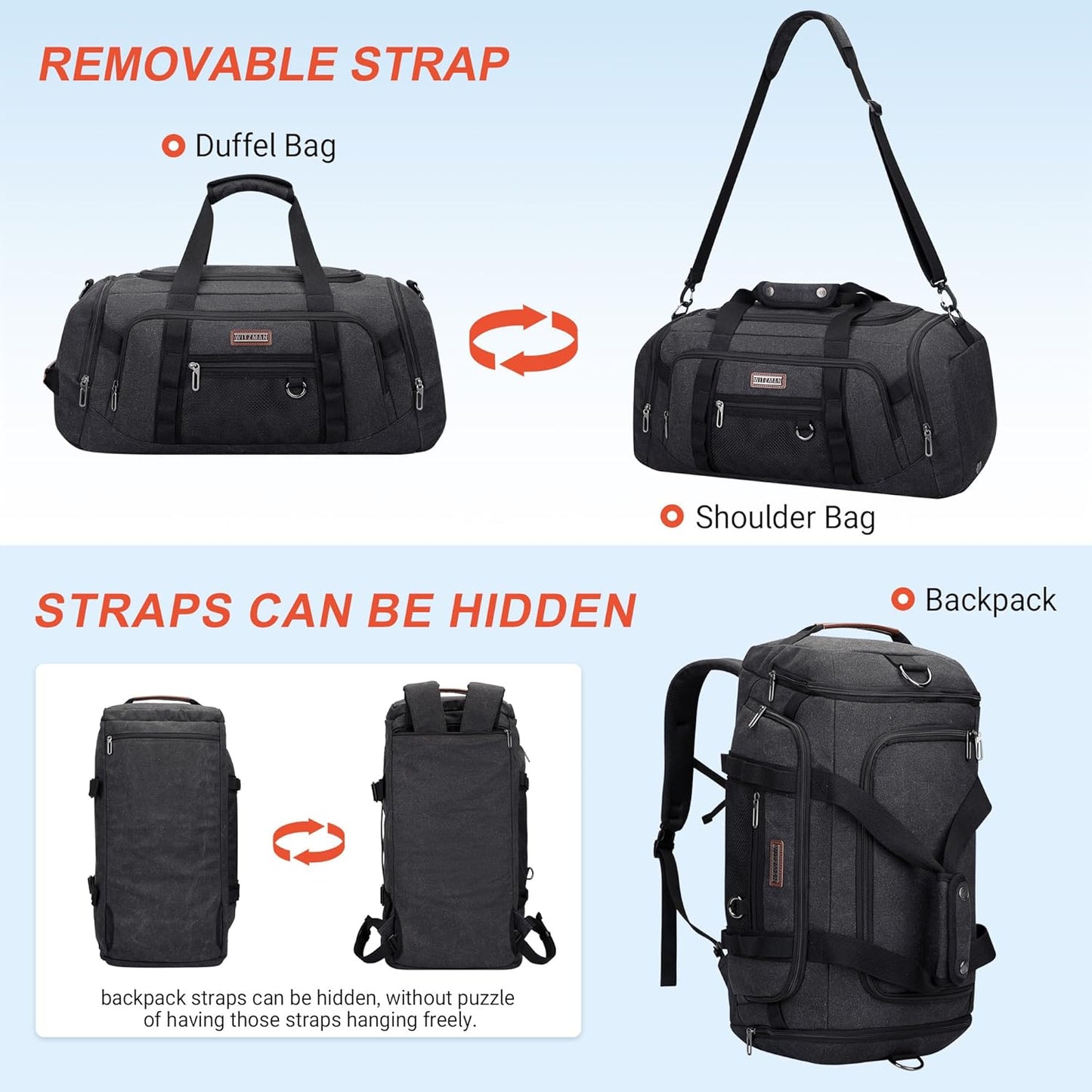 WITZMAN Canvas Duffel Bags for Men Traveling 3 in 1 Backpack Carry-on 40L Weekender Overnight Bag with Shoe Compartment(A8006/2 Black)