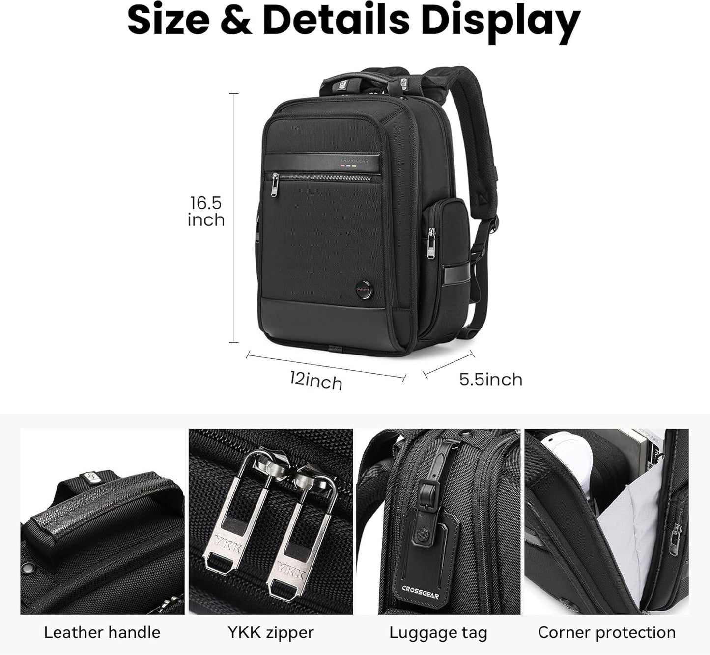 CROSSGEAR Business Laptop Backpack for Men Women, 20L Large Bookbag Travel TSA Approved Carry on Backpack Waterproof Casual Daypack 15.6" Professional Computer Bag with Thicker Compartments, Black