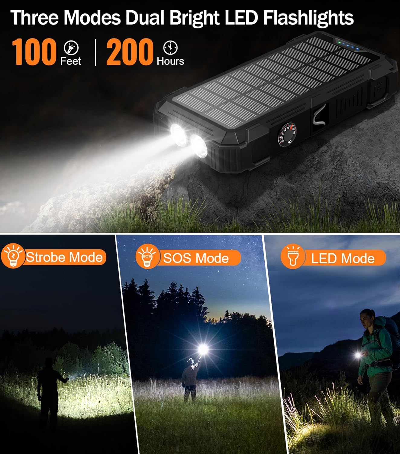 Solar Charger Power Bank, 42800mAh Wireless Portable Charger with USB-C in/Output, QC3.0 Fast Charging 15W 4 Ports Outdoor Battery Pack Built-in LED Flashlight, for iPhone, Galaxy, iPad etc