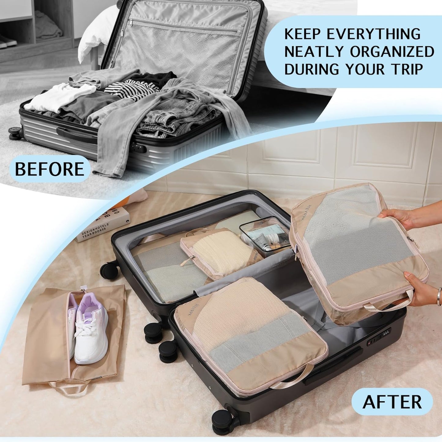 Lightweight Compression Packing Cubes for Suitcases, Compressible Expandable Travel Packing Organizer with Clear Toiletries and Backpack Bag, Travel Essentials for Carry on Luggage 7 Set