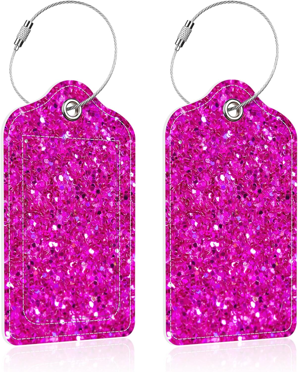 Luggage Tags for Suitcase,2 Pack Pink Glitter Print Luggage Tag,PU Leather Id Label Luggage Tags with Stainless Steel Loop and Privacy Cover for Women Men Teens Travel
