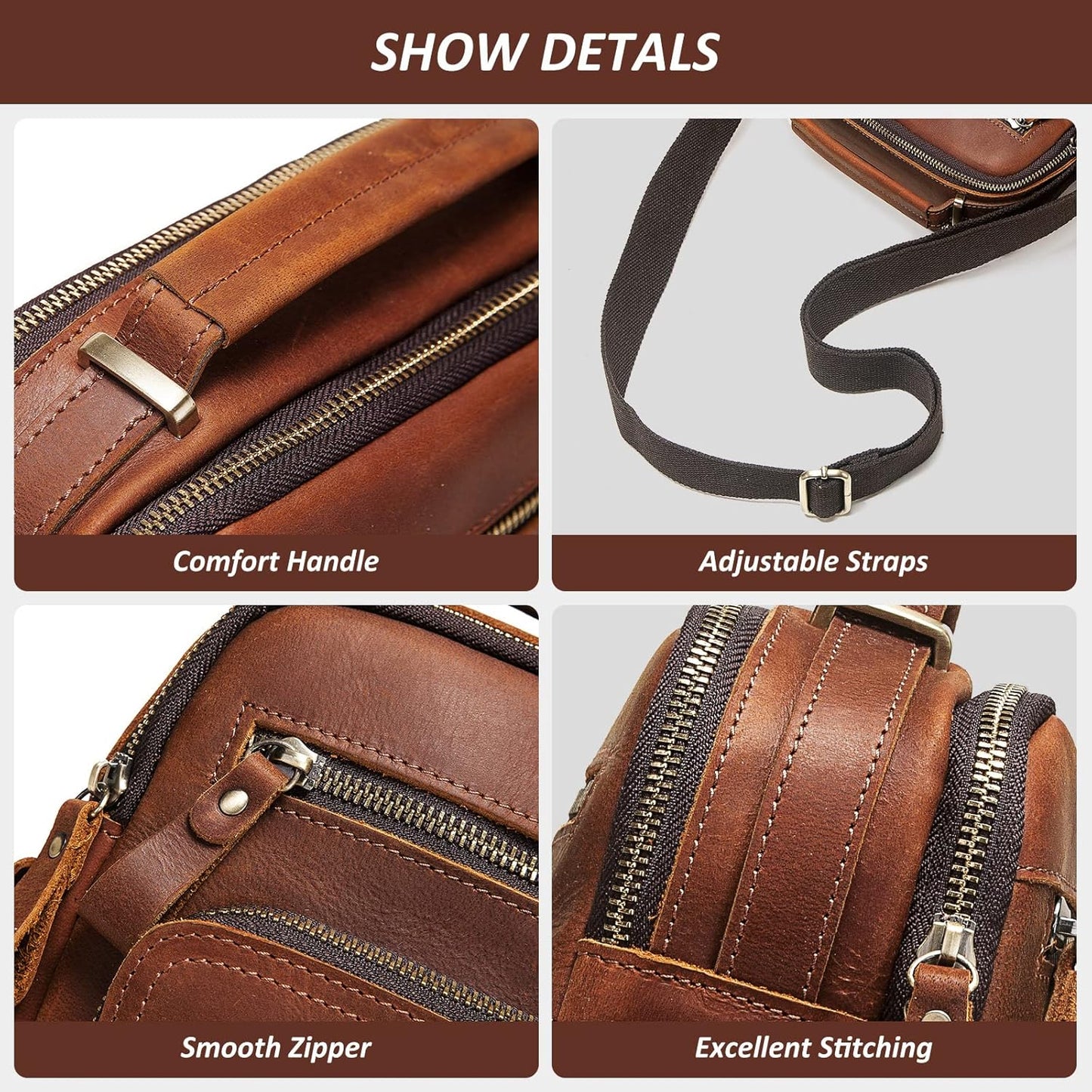 Crossbody Bag Shoulder Bag for Men, Genuine Leather Man Bag Vintage Messenger Bag for Travel Work