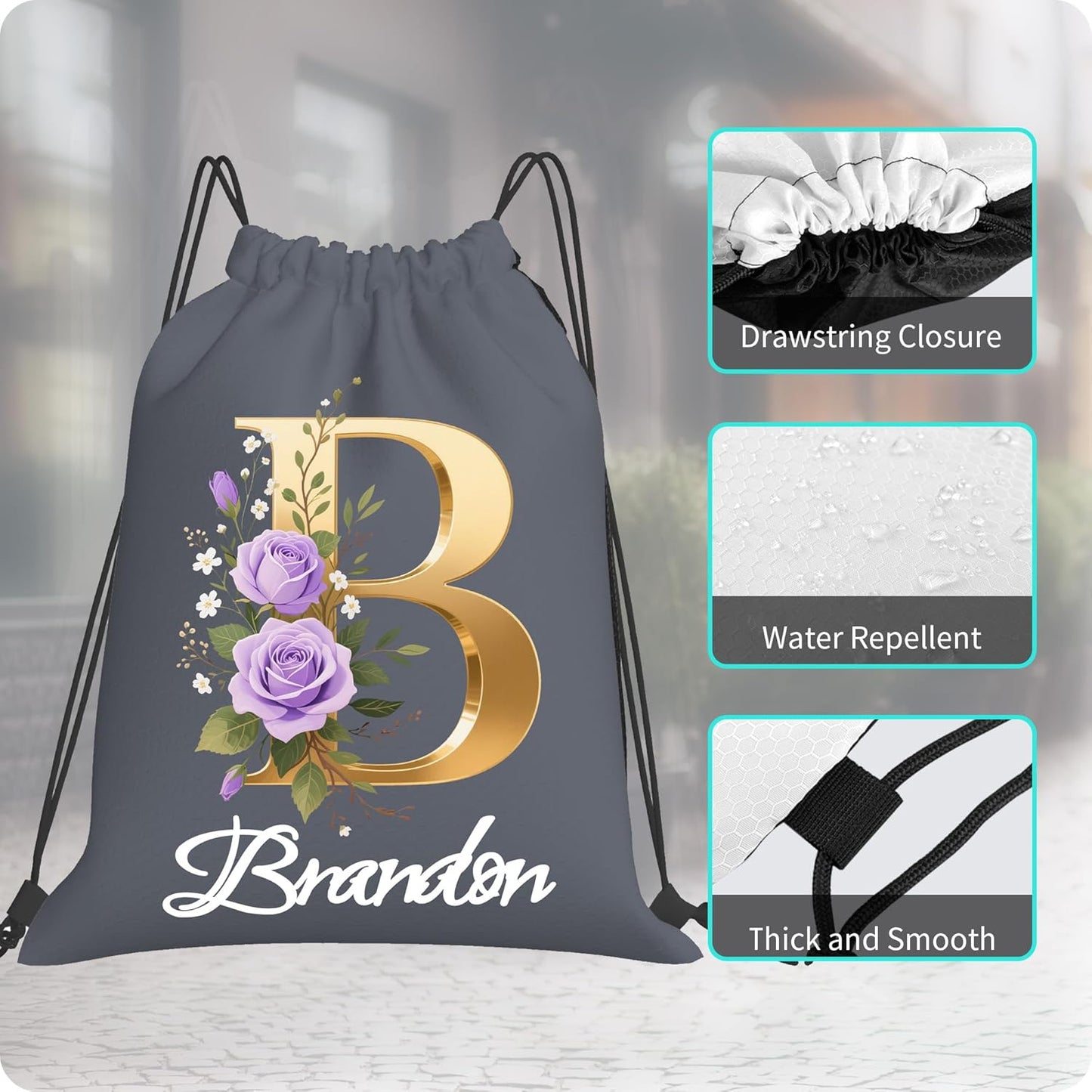 Personalized Drawstring Bag with Your Name Drawstring Backpack for Men Women Small Gym Beach Shopping Sport Yoga Bag (Letter 1)