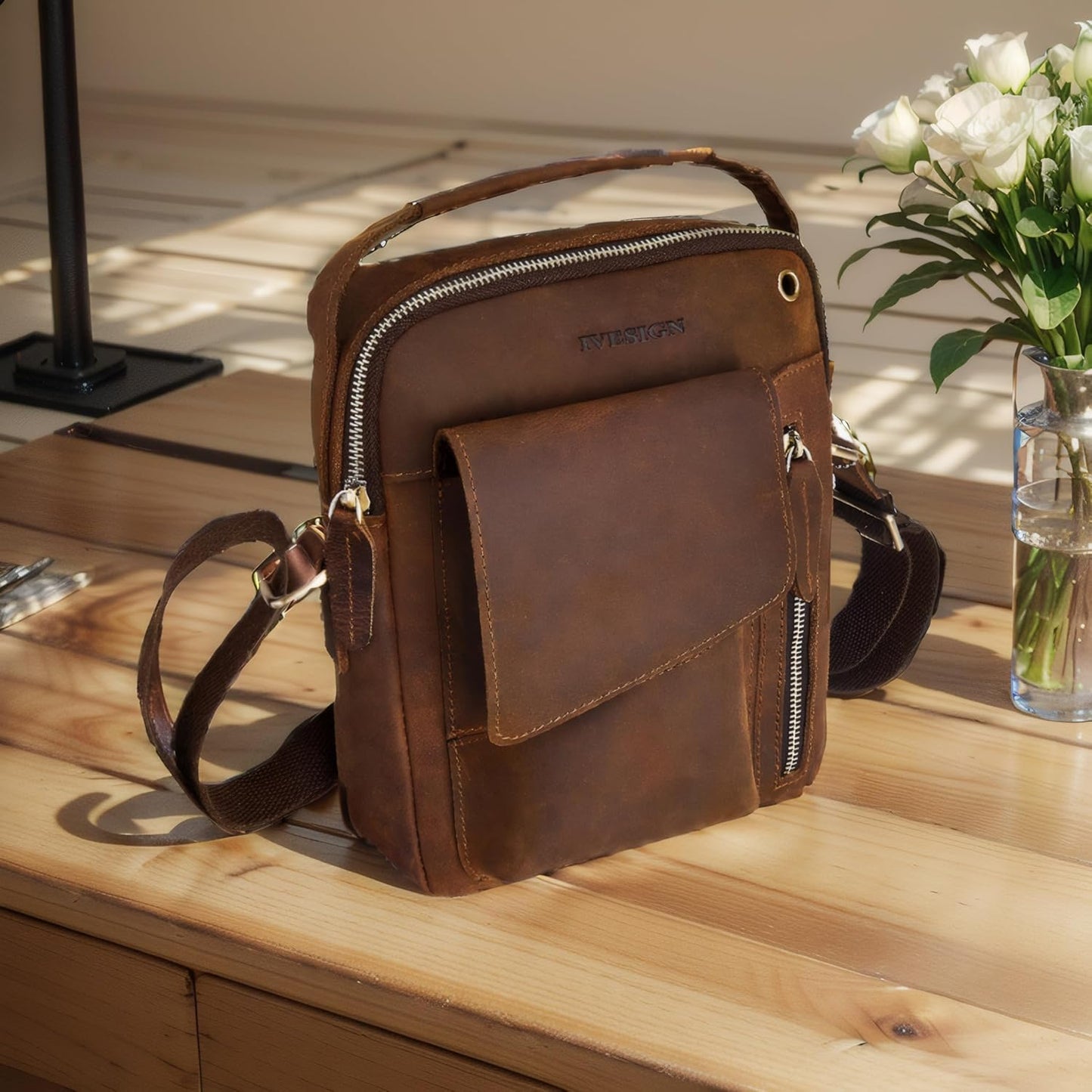 IVESIGN Crossbody Sling Bag for men and women,Leather Satchel Shoulder Bag