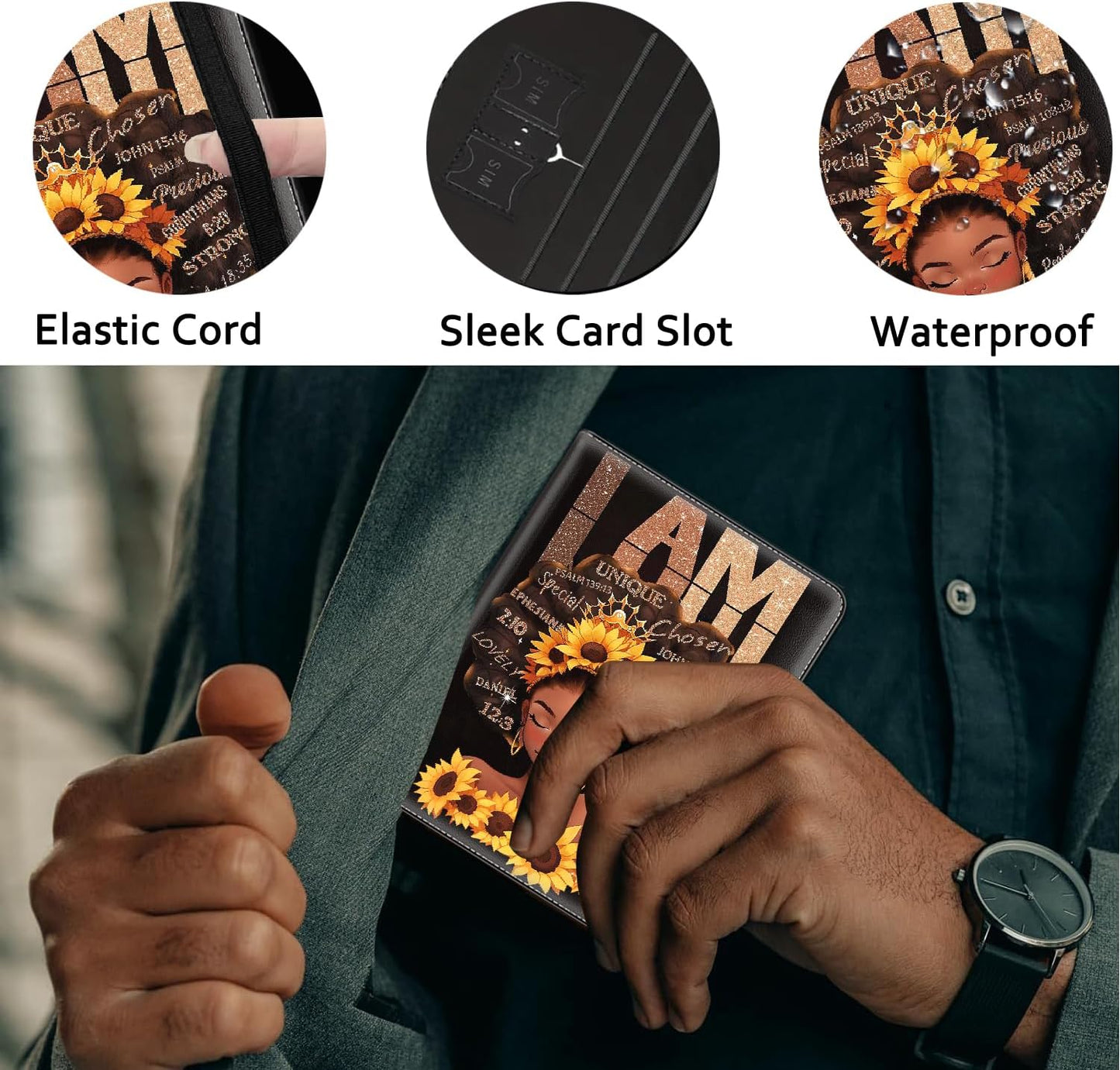 Passport Holder Women Wallet with Luggage Tag, Leather Passport Cover with RFID Blocking, Travel Accessories Multi Card Slot Passport Case for Men，Afro Woman Sunflower
