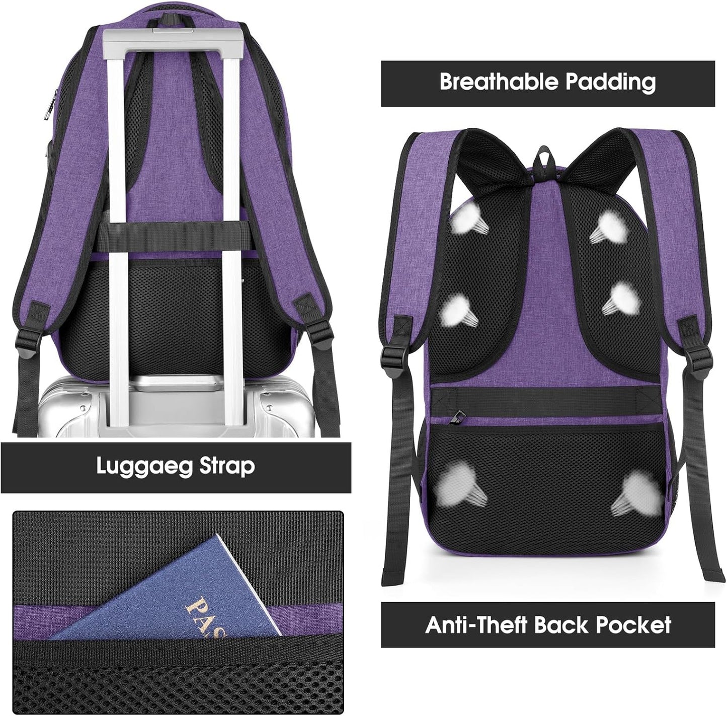 BIKROD Backpack for Men Women, School Backpacks for Teen Boys, Business Anti Theft Sturdy Travel Laptop Backpack with USB Charging Port, Water Resistant 15.6 Inch Computer Bag Gift, Purple