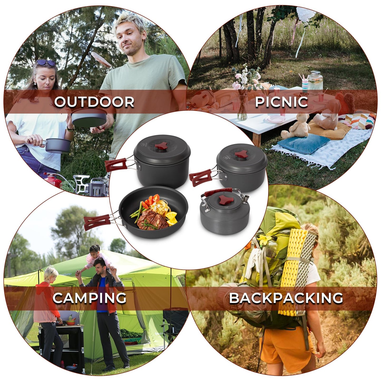 Bulin Camping Cookware, Portable Pots Kettle and Pans Set, 13 PCS for 3-4
