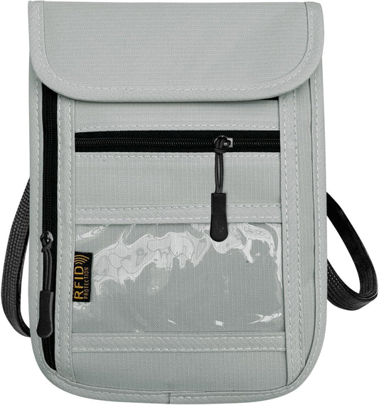 RFID Blocking Travel Neck Wallet Pouch and Passport Holder, Travel Neck Pouch Passport Holder for Women & Men - Gray