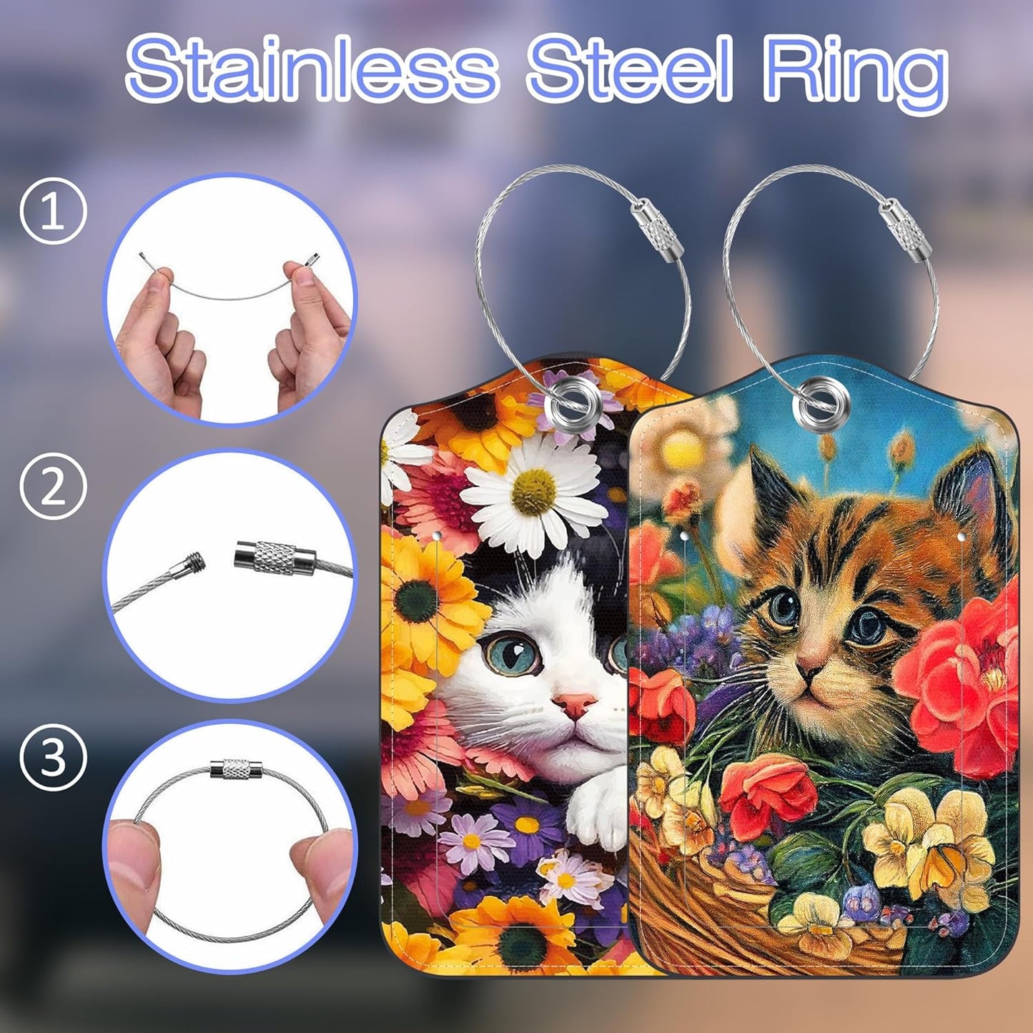 Luggage Tags for Suitcase Cute Cat and Flower 2 PCS Leather Travel Luggage Tag with Stainless Steel Loop Name ID Label Privacy Cover for Women Men Travel