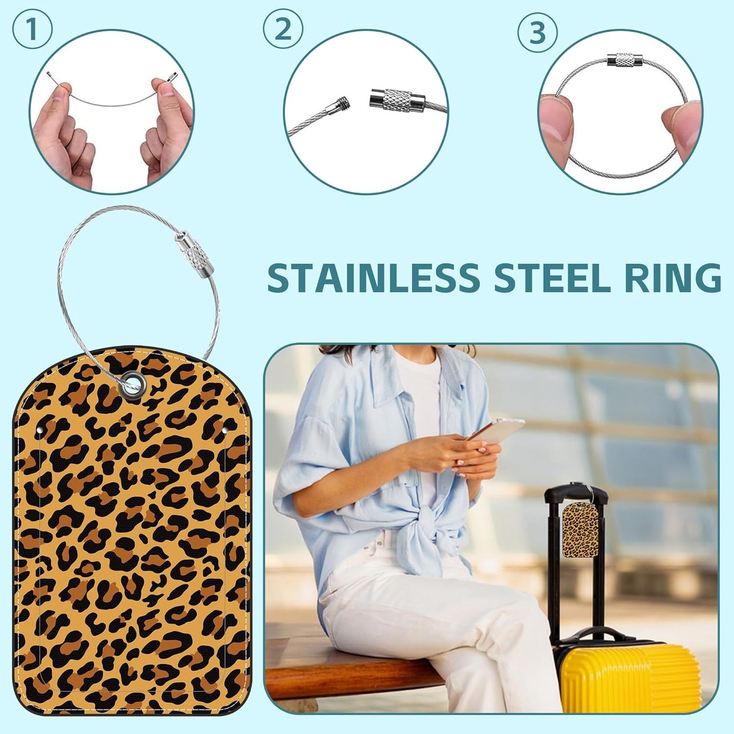 2 Pack Cute Luggage Tag for Suitcases Leopard Grain Leather Luggage Tags with Stainless Steel Loop Privacy Flap Name Tags,Men and Women Travel Bag Suitcase Tags