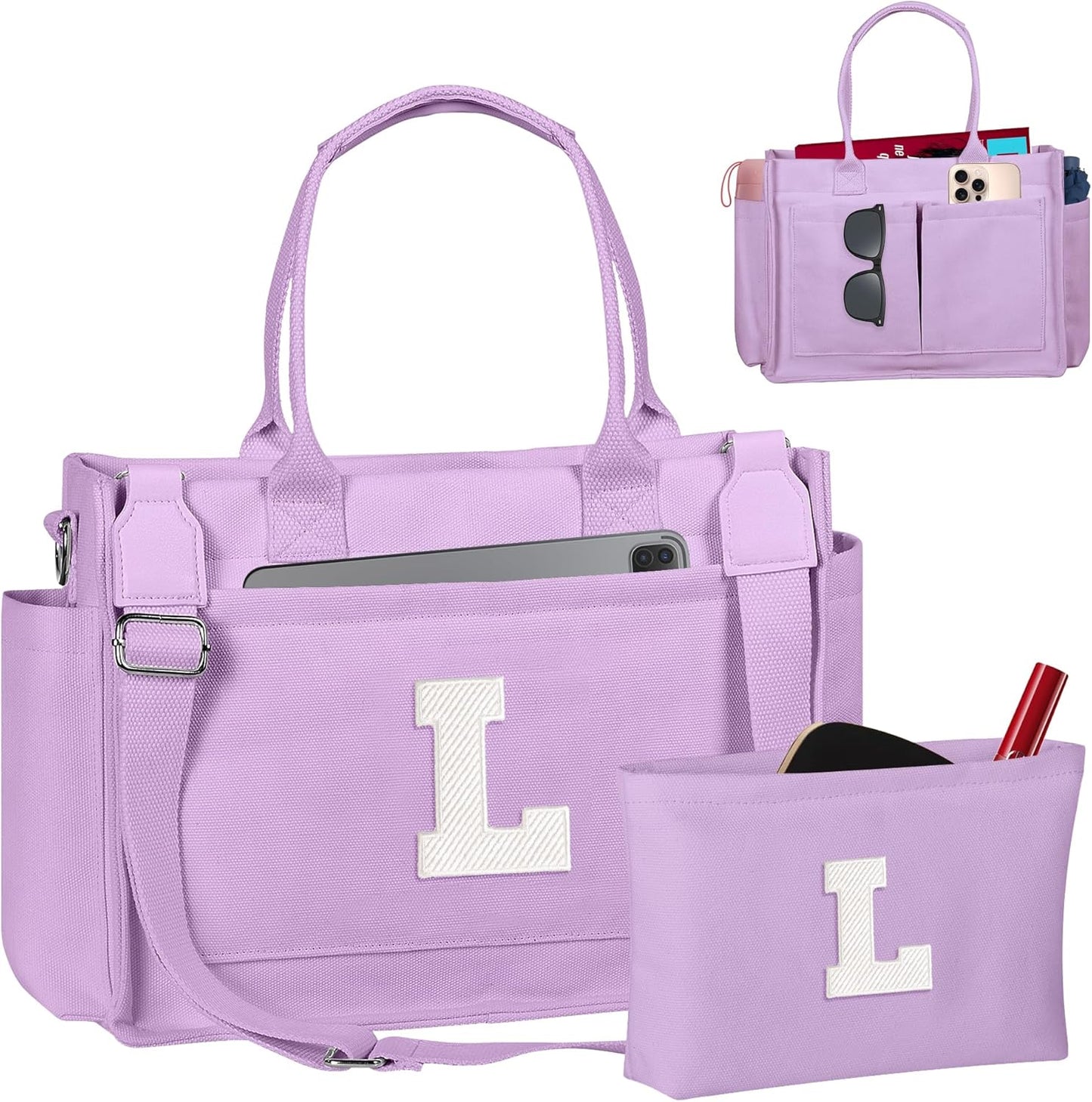 Gifts for Women Teen Girls, Initial Tote Bag with Zipper, Letter Canvas Tote Purse for College Work Laptop Beach