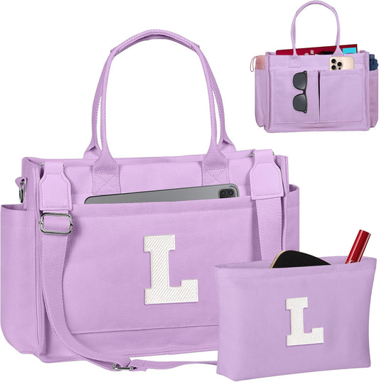 Gifts for Women Teen Girls, Initial Tote Bag with Zipper, Letter Canvas Tote Purse for College Work Laptop Beach