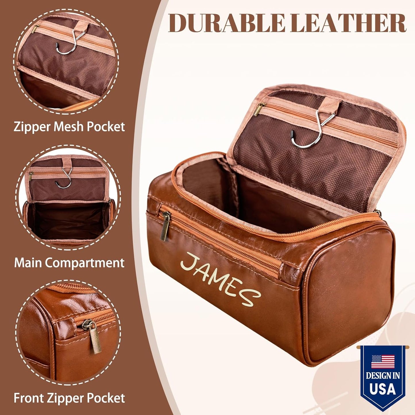 Personalized Leather Toiletry Bag for Men, Engraved Monogrammed Dopp Kit for Men,Travel Pouch,Shaving Bags,Gifts for Birthday,Anniversary,Travel,Dad,Husband,Grandpa,Lover,Groomsmen (STYLE 1)