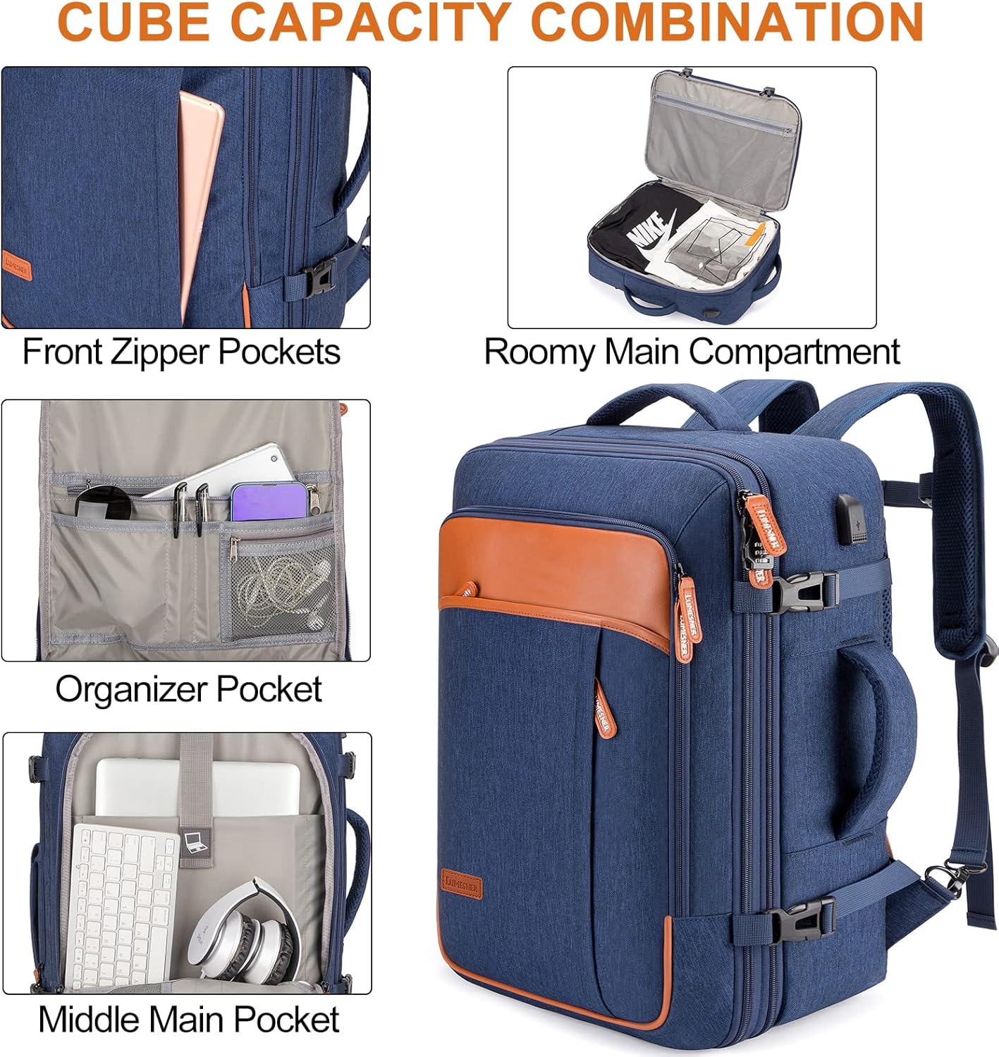 Lumesner Carry on Travel Backpacks, Extra Large 40L Flight Approved for Men & Women,Expandable Suitcase backpack (Blue (Backpack With 4 Packing Cubes))