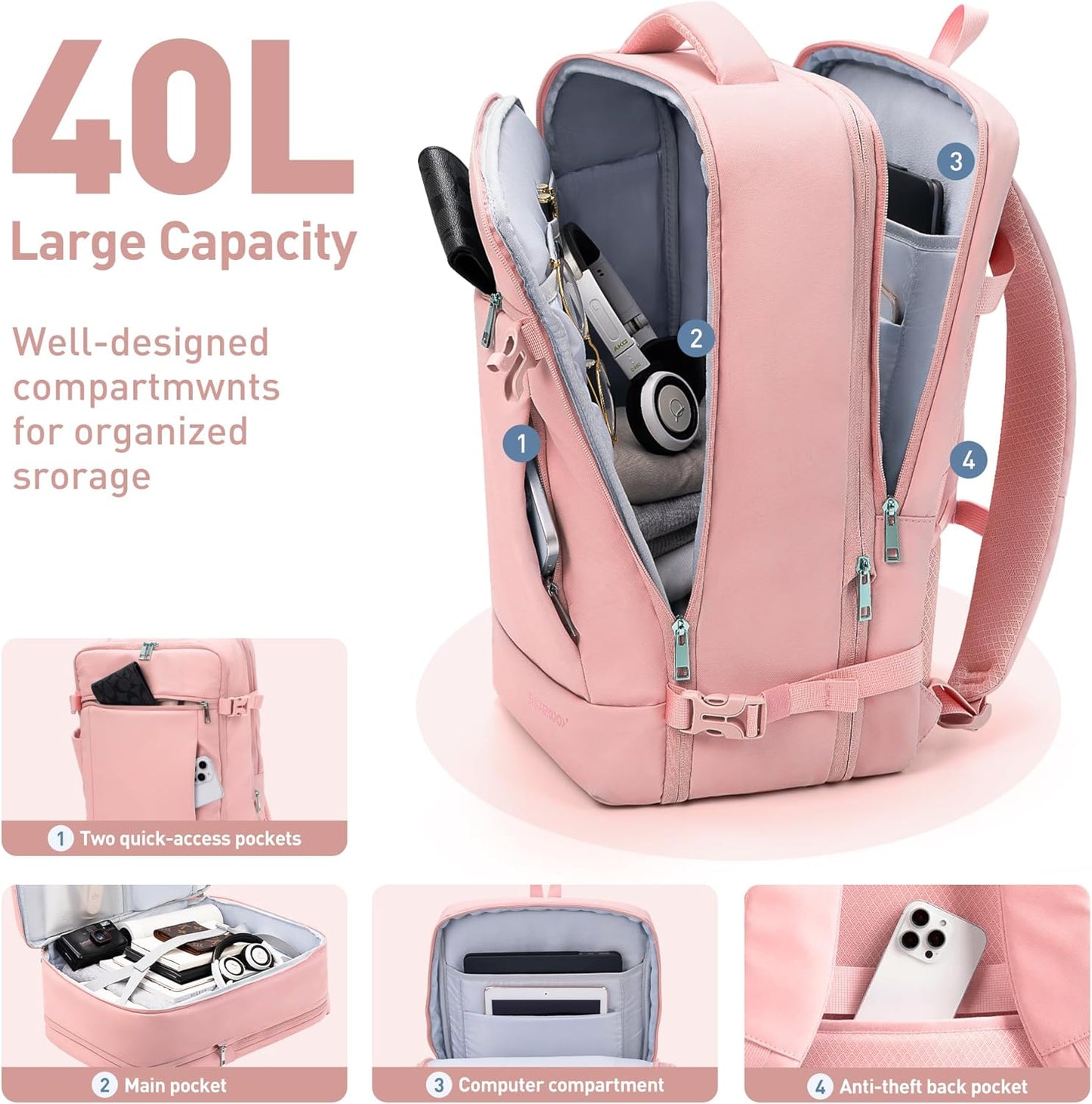 SHOWKOO Travel Backpack For Man Women, Airline Approved Carry On Laptop Backpack For Business, 40L