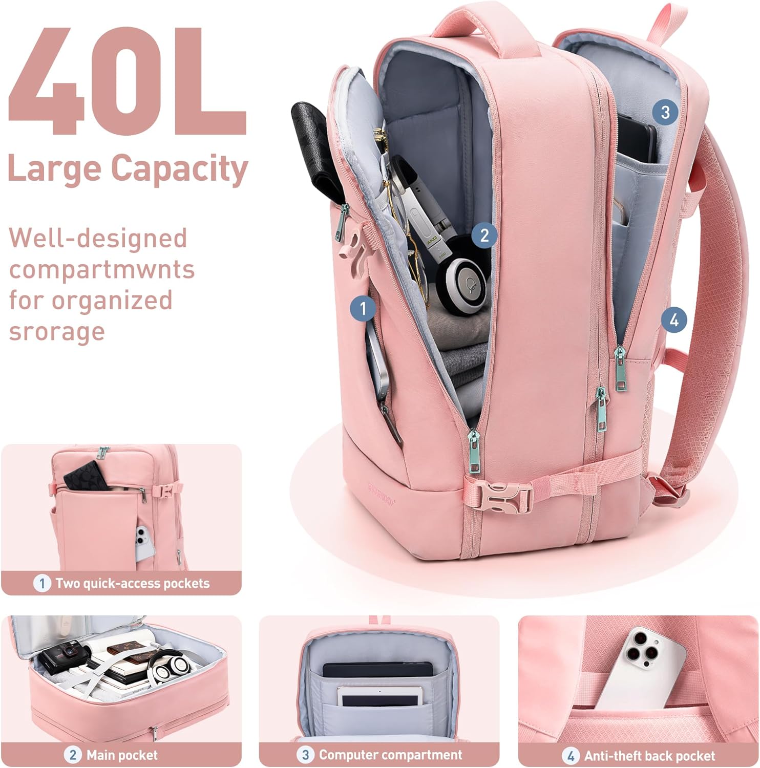 SHOWKOO Travel Backpack For Man Women, Airline Approved Carry On Laptop Backpack For Business, 40L