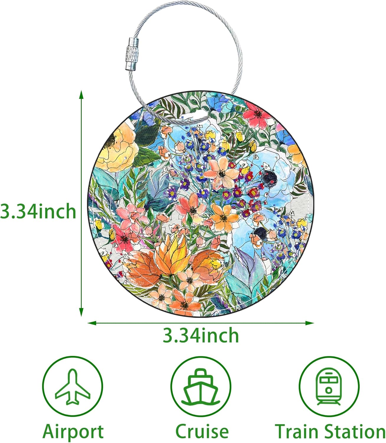 Round Cute Luggage Tags 2 Pack Colorful Flowers Creative Baggage Tags,Cruise Travel Baggage Suitcases Tag with Stainless Steel Loop ID Tag Privacy Flap
