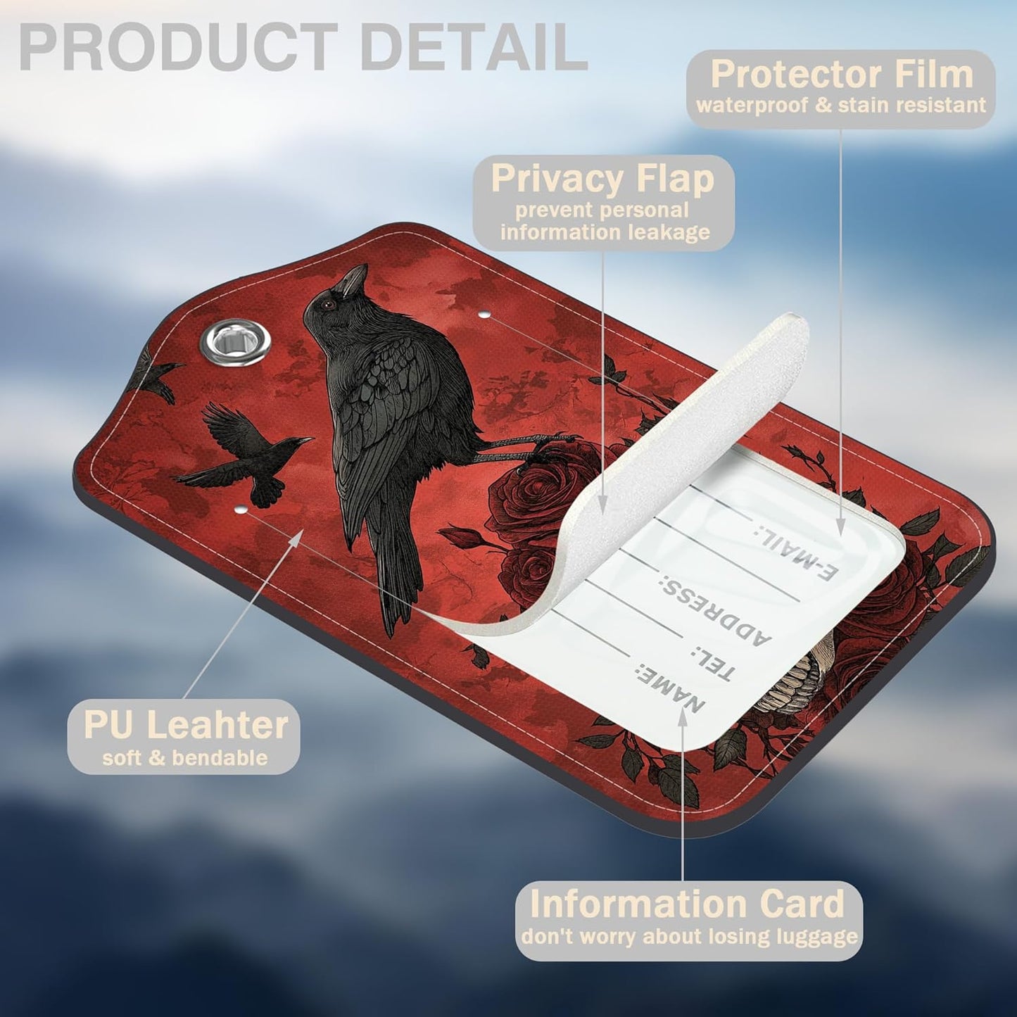 2 Pcs Raven on Rose Skull Luggage Tags for Suitcases PU Leather Baggage Tags Name ID Label with Privacy Cover and Stainless Steel Loop for Men Women Travel Bag Suitcase