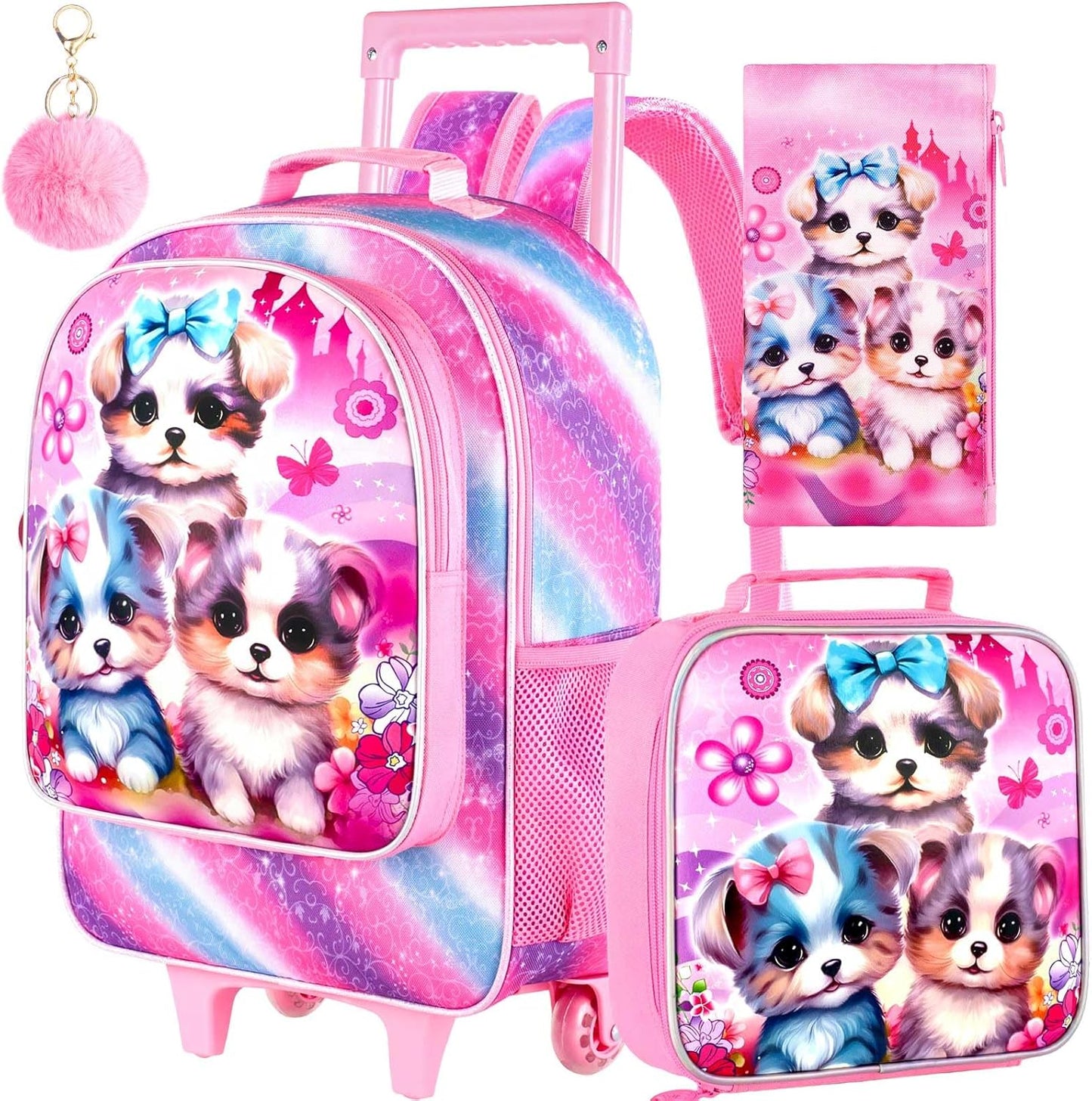 3PCS Rolling Backpack for Girls and Boys, Kids Roller Wheels Bookbag, Wheeled Elementary School Bag with Lunch Bag