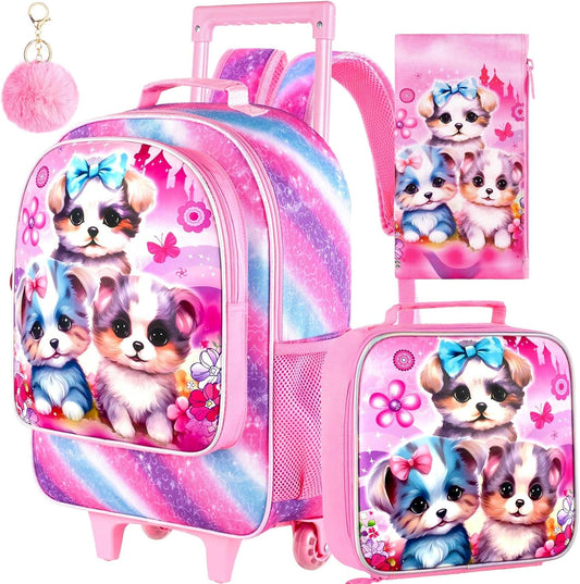 3PCS Rolling Backpack for Girls and Boys, Kids Roller Wheels Bookbag, Wheeled Elementary School Bag with Lunch Bag