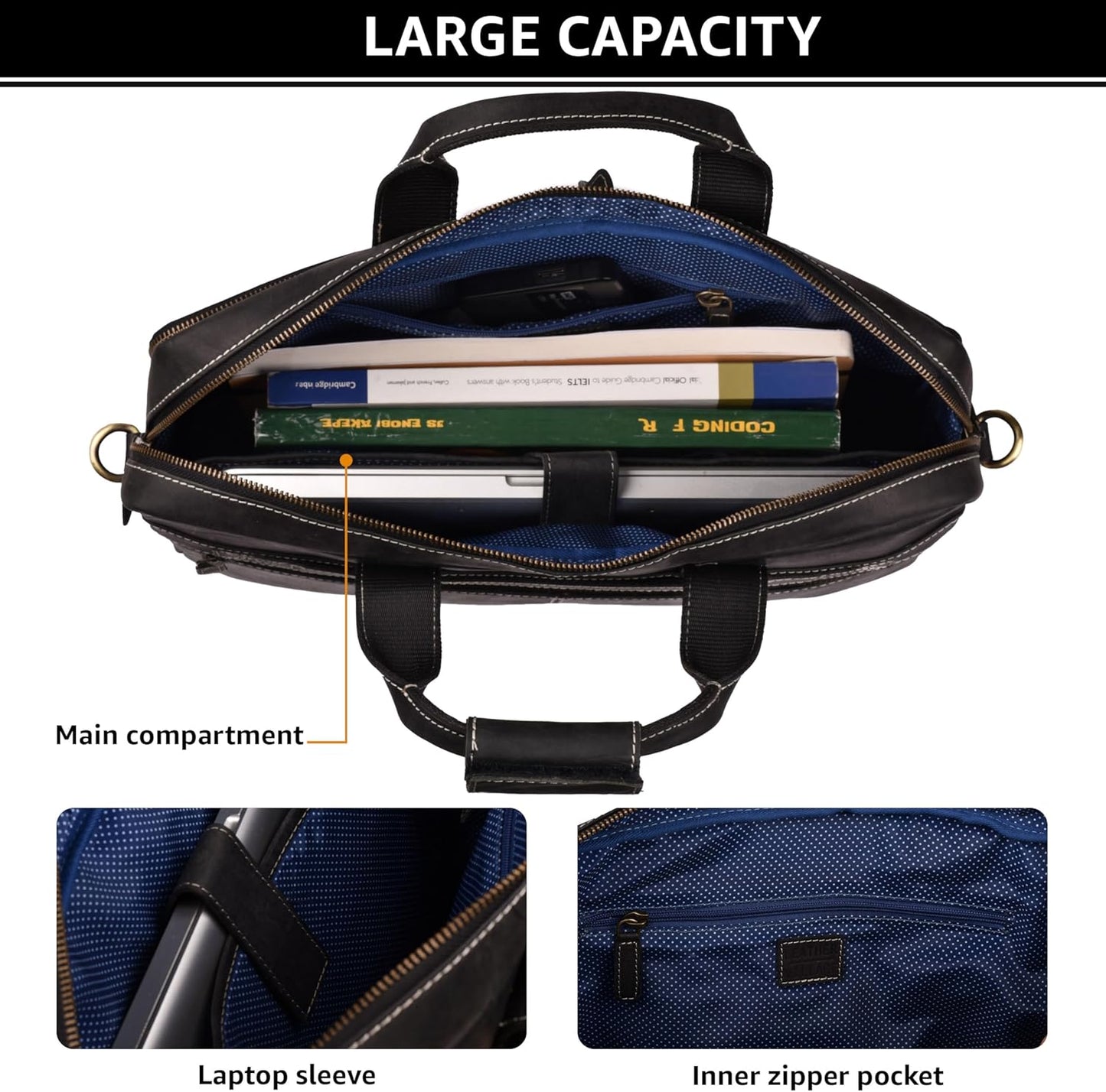 LEATHER VILLAGE 18" Leather Laptop Messenger Briefcase Bag for Men-Leather Satchel for Travel and Office Shoulder Bag- Black