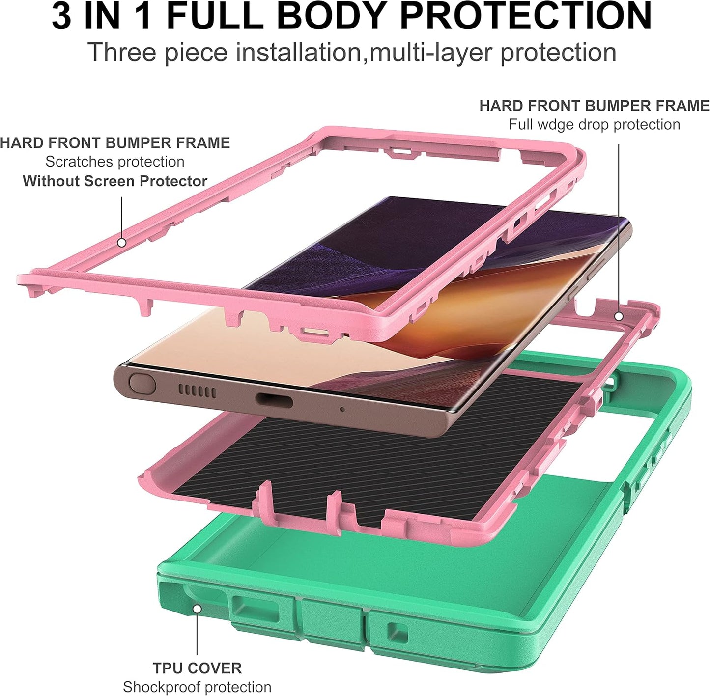 for Note 20 Ultra Case, Galaxy Note 20 Ultra Case with Self Healing Flexible TPU Screen Protector [2 Pack], 3 in 1 Heavy Duty Protection Case for Samsung Note 20 Ultra 5G(Aqua Blue/Rose Pink)
