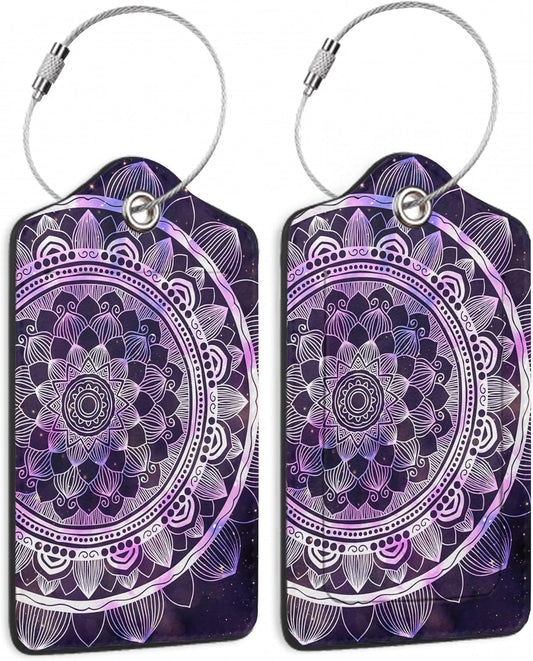 Luggage Tags for Suitcase,2 Pack Boho Mandala Luggage Tag Galaxy Starry Leather Privacy Cover ID Label with Stainless Steel Loop for Women Men Kids Girls Travel
