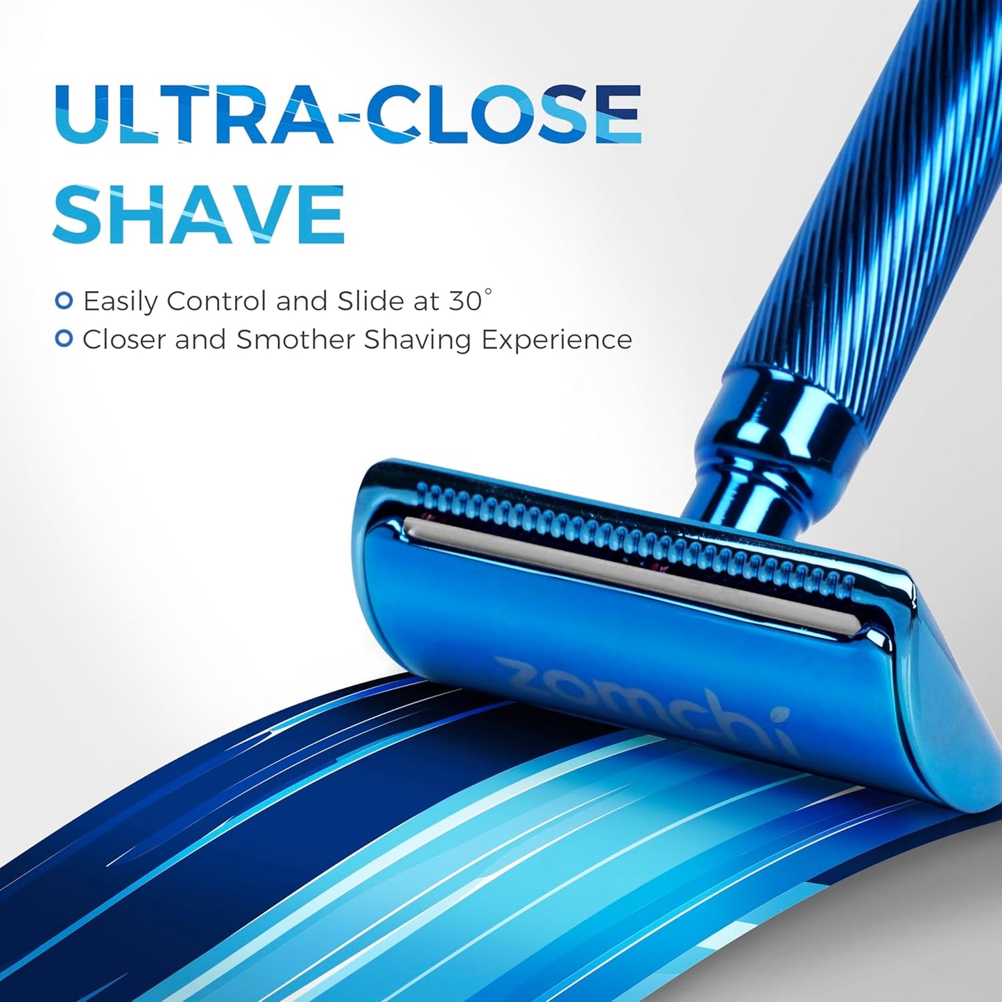 ZOMCHI Double Edge Safety Razor for Men with Stand, [New Version 2.0 ] Reusable Metal Razor with 10 Double Edge Blades, Single Blade Razors for Men & Women – Noble Blue