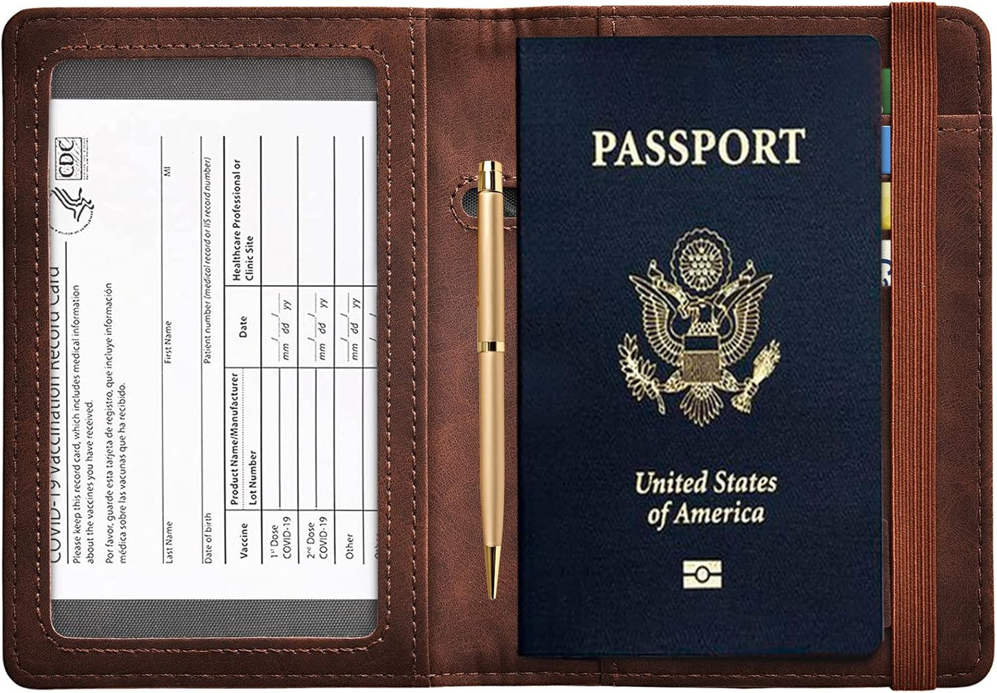 HerriaT Passport and Vaccine Card Holder Combo,Cover Case with CDC Vaccination Card Slot, Leather Travel Documents Organizer Protector, with RFID Blocking, for Women and Men