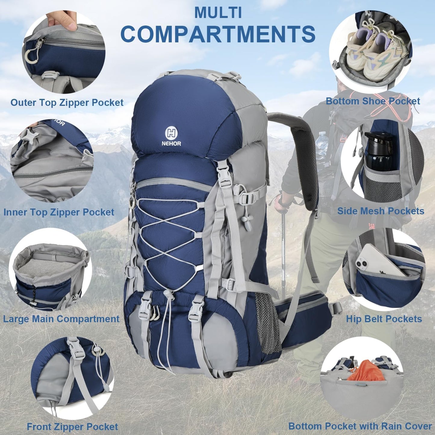 60L Hiking Backpack, Water Resistant Camping Backpack with Rain Cover, Large Lightweight Hiking Bag Outdoor Travel Daypack for Men Women, Blue
