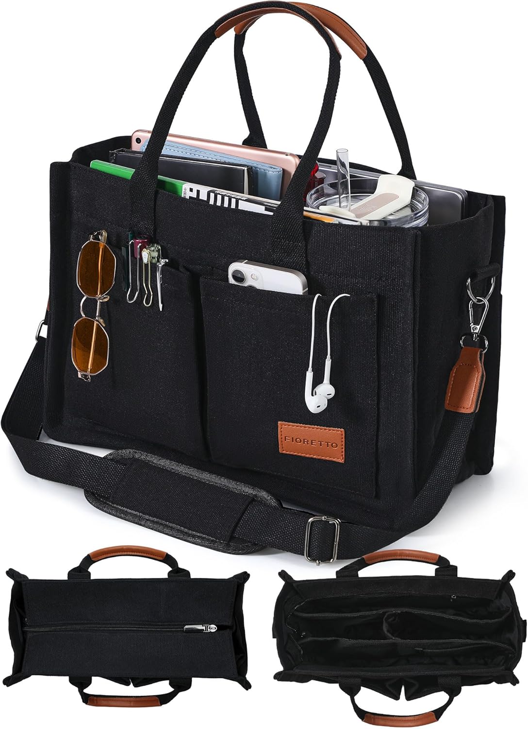 FIORETTO Canvas Tote Bag for Women with Zipper Closure & Individual Compartments for Work College