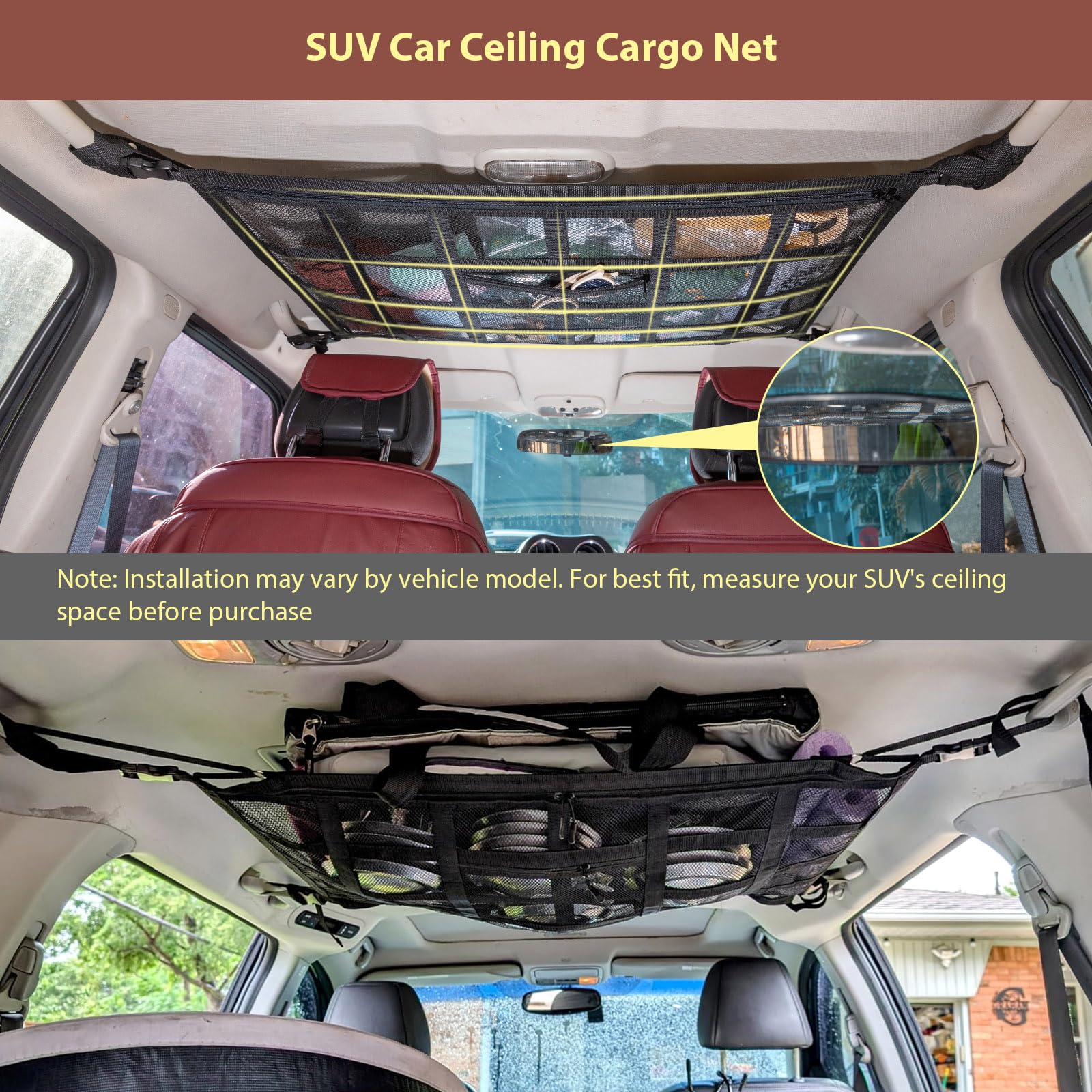 Kaskawise Upgrade Car Ceiling Cargo Net Pocket,31.5"x21.6" Double-Layer Roof Storage
