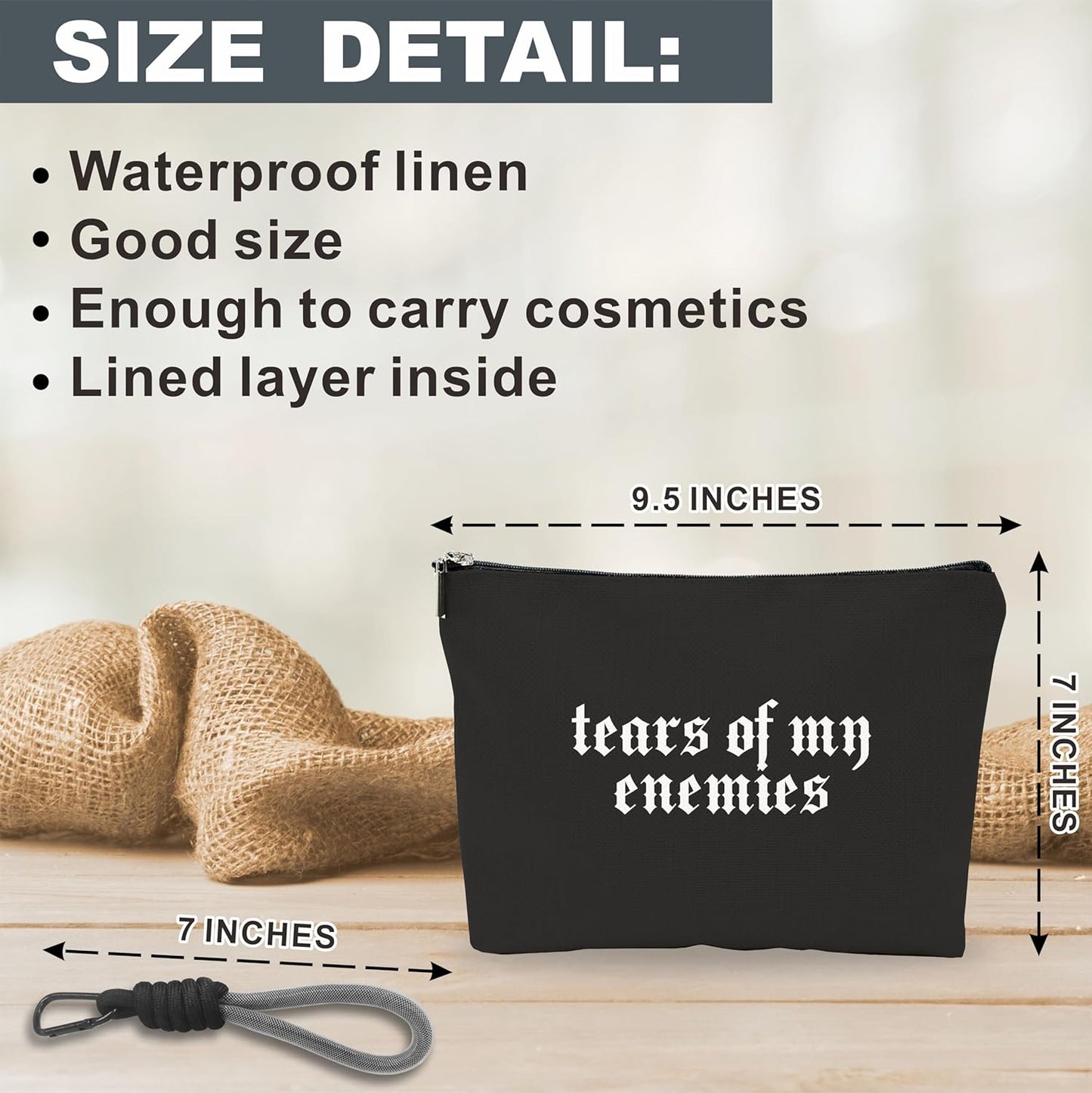 Make Up Bag, Cosmetic Bag With Hand Strap - Gothic Tears Of My Enemies - Lined Toiletry Bag For Woman - Travel Pouch, Black Organizer With Zipper, Women Essentials & Accessories - A09