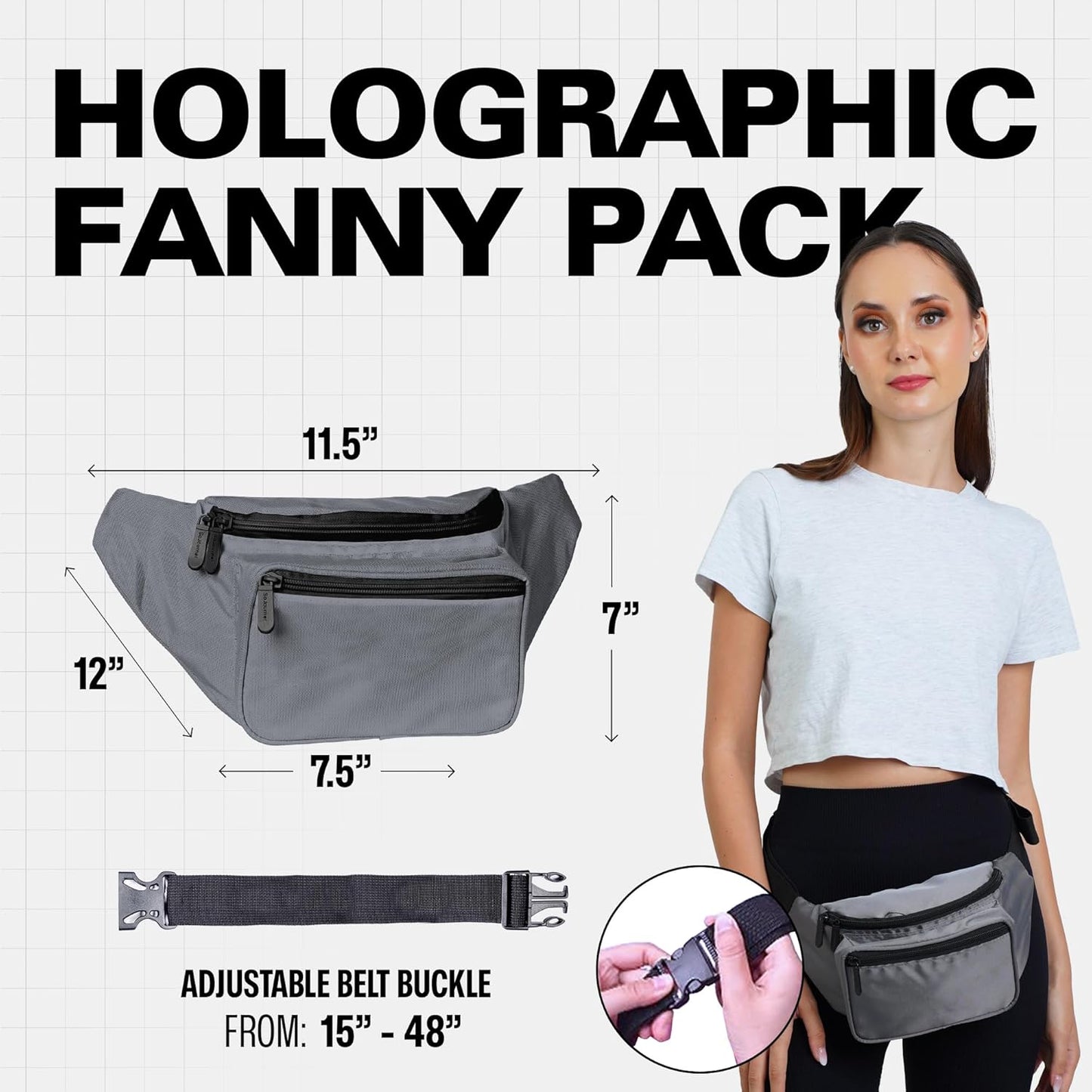 Gray Fanny Pack Belt bag - Crossbody Waist Bag for Men or Women - Hands-Free, Waterproof Large Bumbag for Hiking, Running, and Travel