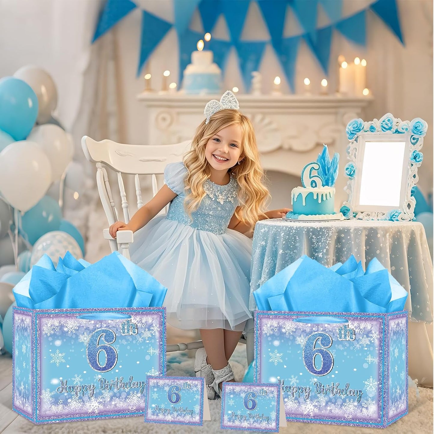 Frozen 6th Birthday Gift Bag for Girls, Large Purple Blue Snowflake Six Birthday Bags with Tissue Paper and Greeting Card Snow Frozen 6 Years Old Party Favor Bags for Girls 6th Bday Christmas Gift
