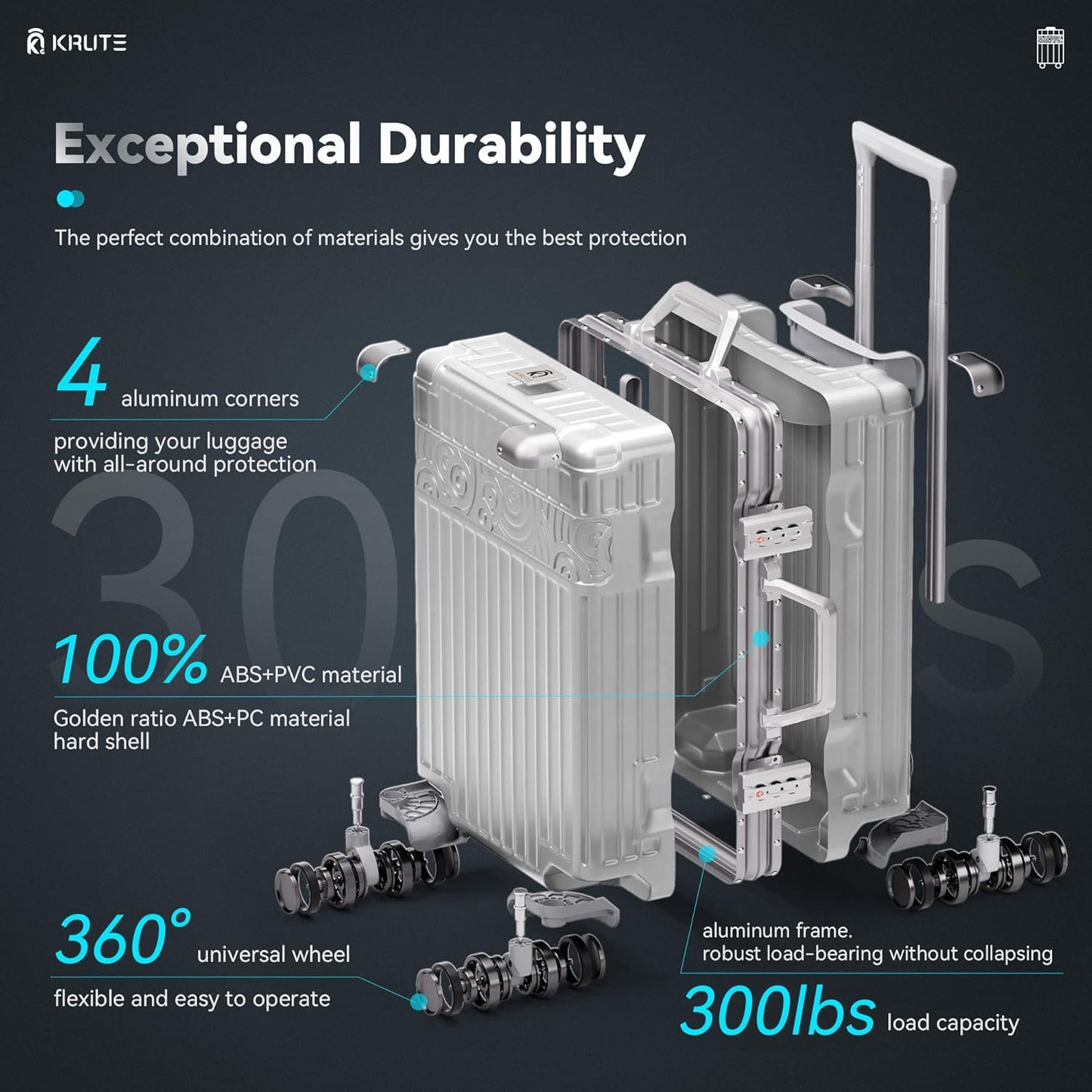 Krute Carry On Luggage 20 inch Aluminum Frame Luggage PC+ABS Zipperless Suitcase with Wheels Airline Approved Hard Shell Suitcases with TSA Lock