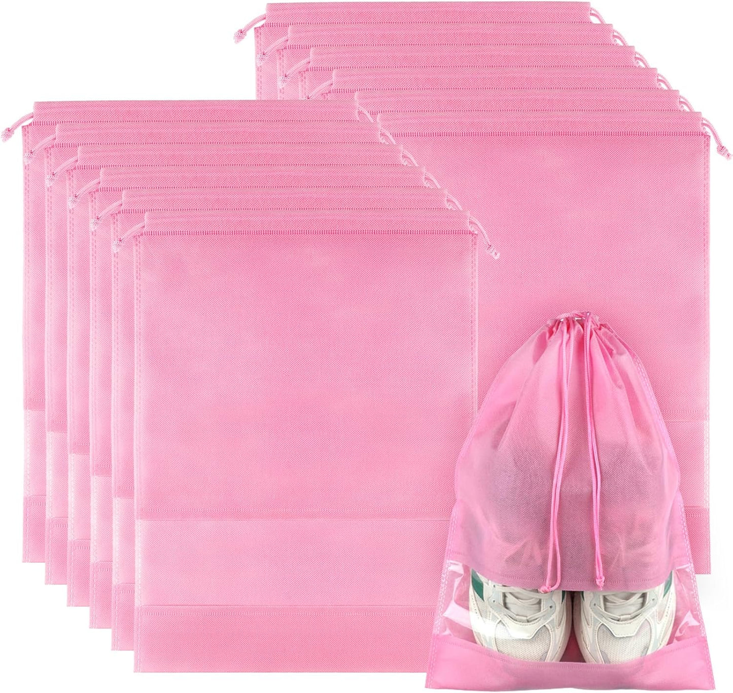 12 Pack Shoe Bags for Travel, Large Travel Shoe Bags for Packing with Clear Window, Dustproof Drawstring Travel Shoe Storage Bags Travel Essentials for Men & Women, Pink