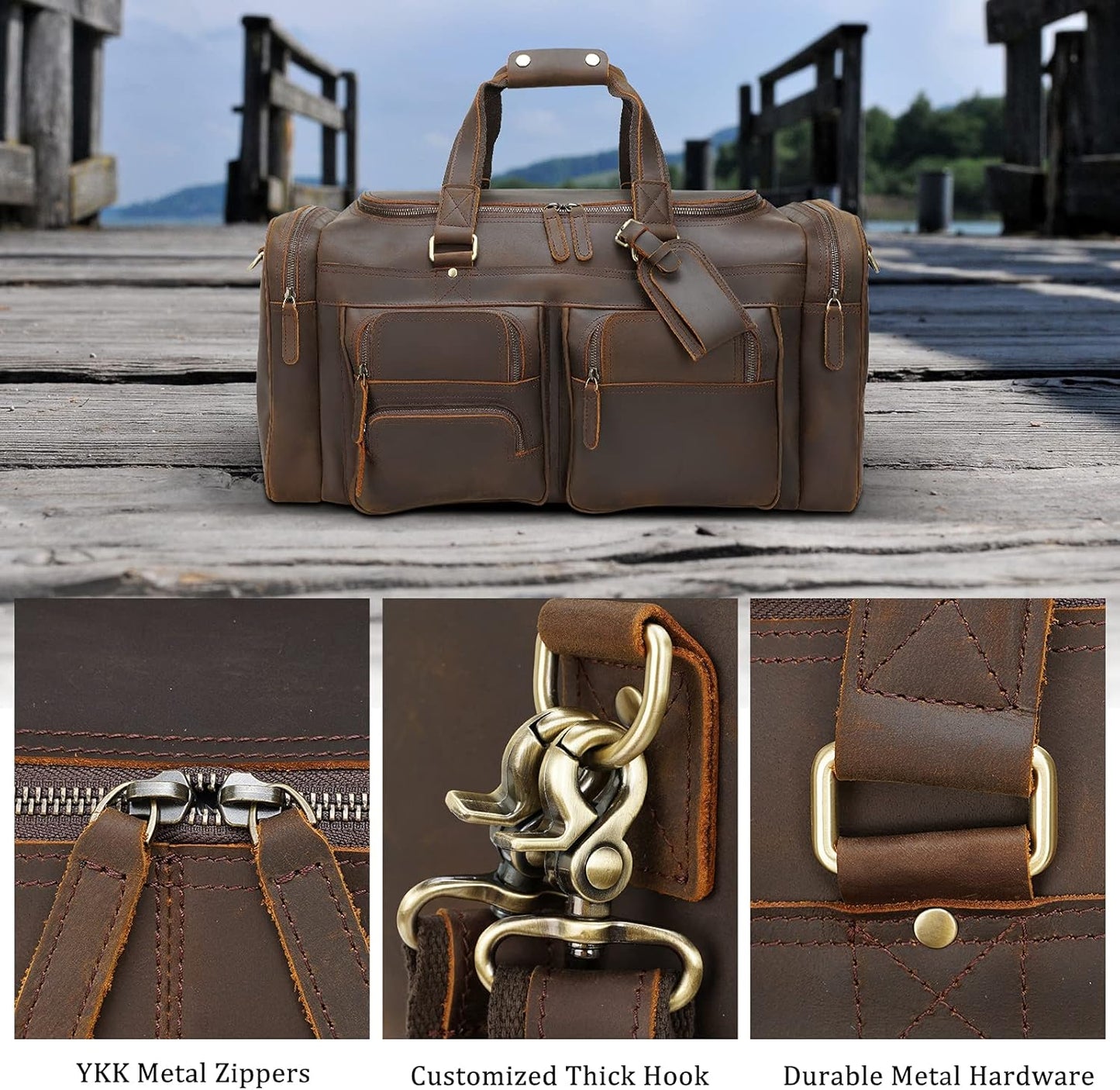 Polare 23" Leather Duffel Weekender Travel Bag For Men With Full Grain Cowhide Leather 42L