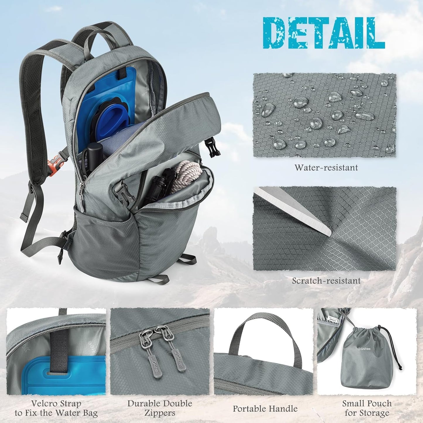 G4Free Hiking Backpack with Thickened Back Panel Packable 25L Lightweight Foldable Travel Daypack