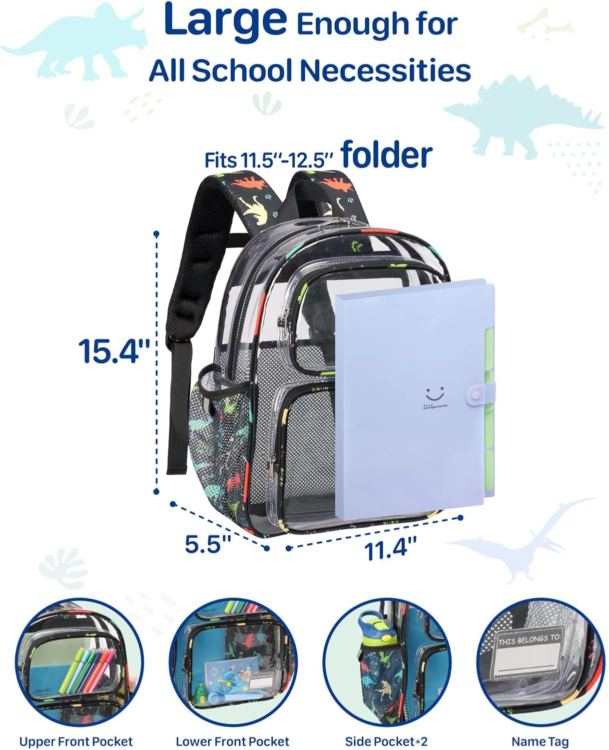 Bagseri 2pcs Clear Backpack for Boys - 15 Inch Backpack and Lunch Bag Set, Heavy Duty Transparent Bookbag for School, See Through Bag for Kids Aged 3 to 8, Black Dinosaur
