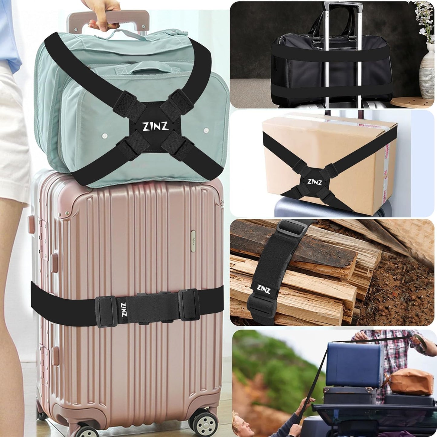 2-Pack High Elastic Luggage Strap Adjustable Travel Bag Belt Bungees for More Applications (Black-Set)