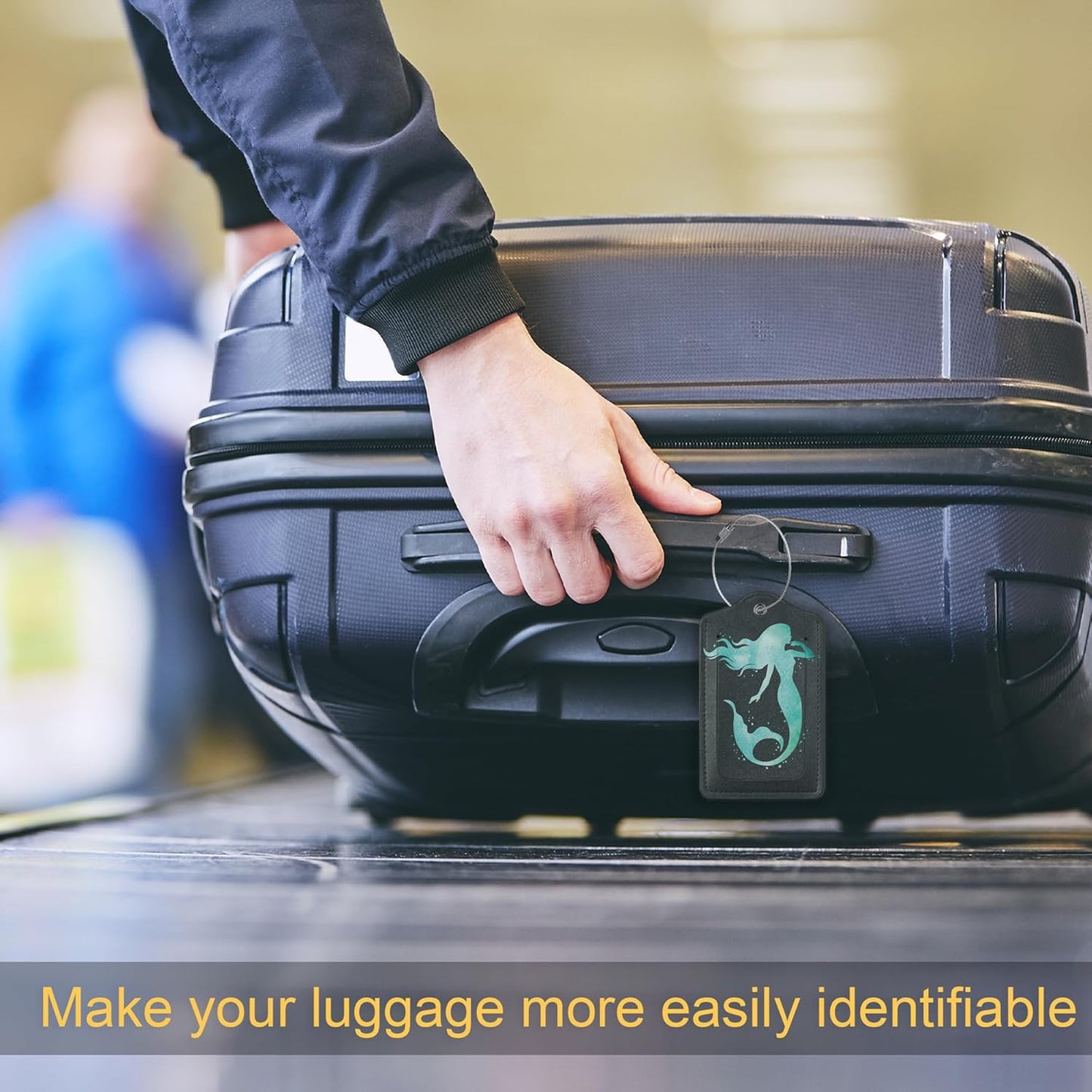 2 Pack PU Leahter Luggage Tag with Stainless Steel Loop,Green Mermaid Luggage Tag Travel Suitcase Labels with Privacy Cover ID Label Quickly Spot for Bags & Baggage