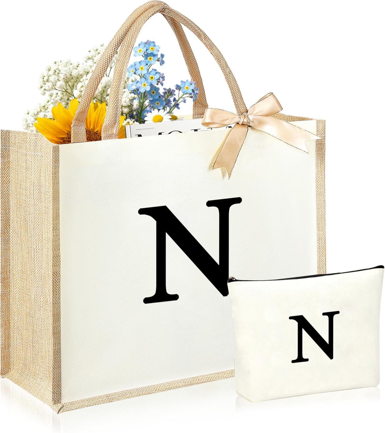 Initial Canvas Tote Bag & Makeup Bag for Women Teacher Bridesmaids，Personalized Present for Wedding, Birthday, Beach