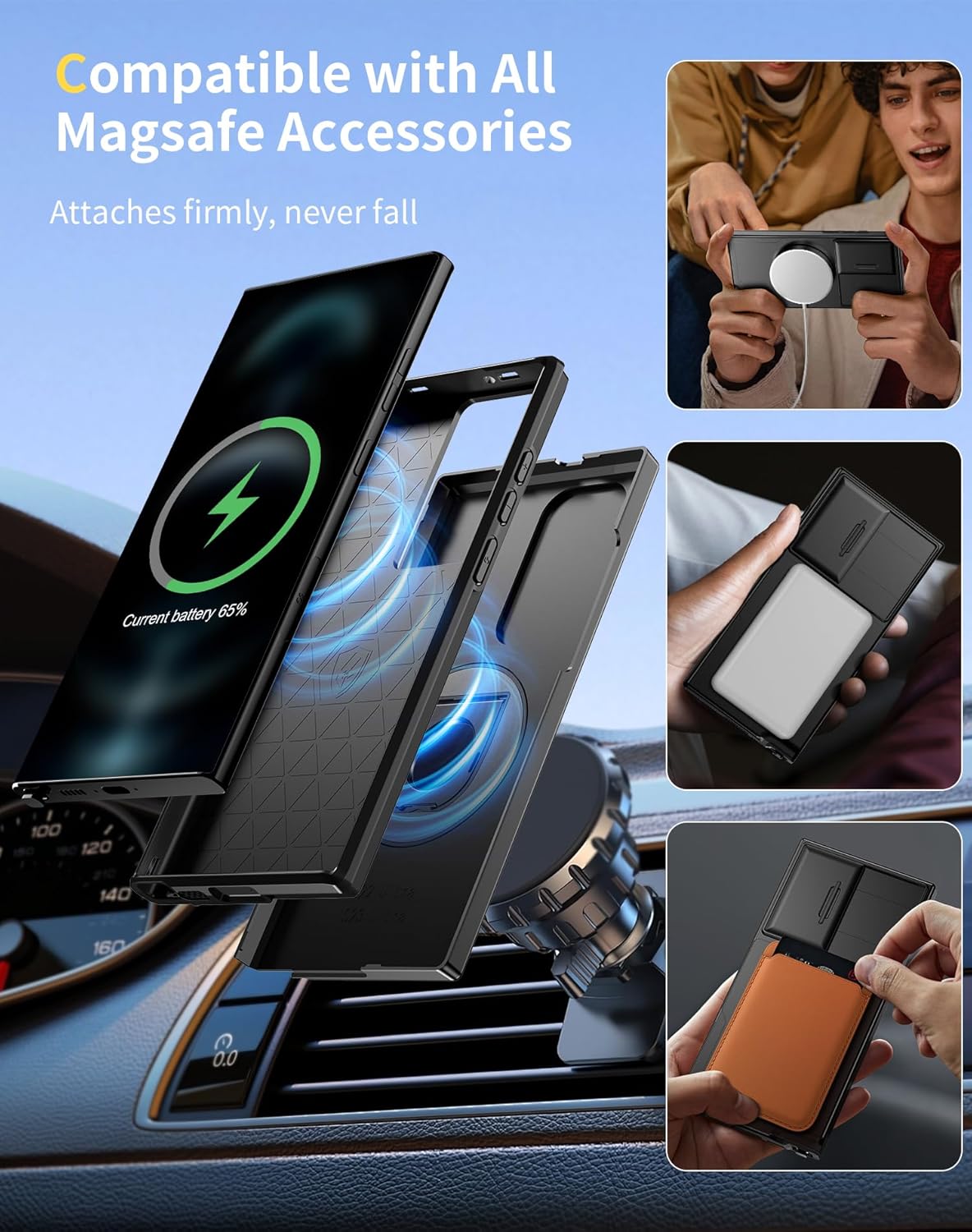for Samsung Galaxy S22 Ultra Case Magnetic Compatible with MagSafe Wireless Charging,with Screen Protector,Built-in Stand Ring+Camera Cover Anti-Scratch Shockproof Heavy Duty Protection Black