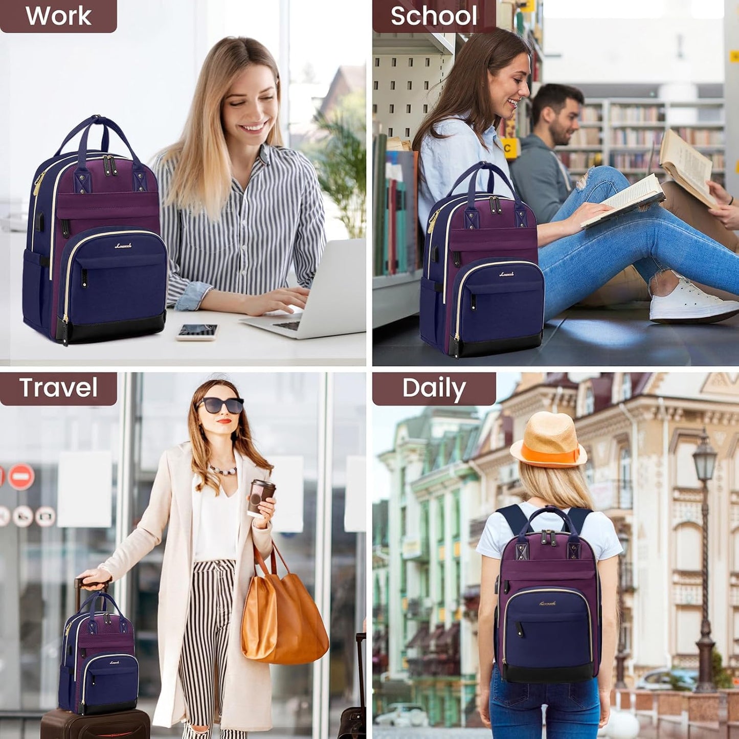 LOVEVOOK Backpack for Women,Laptop Backpack Women,Fits 15.6 Inch Laptop Bag,School Backpacks,Fashion Travel Work Anti-theft Bag,Waterproof Business Computer College Backpack Purse,Purple-Blue-Black