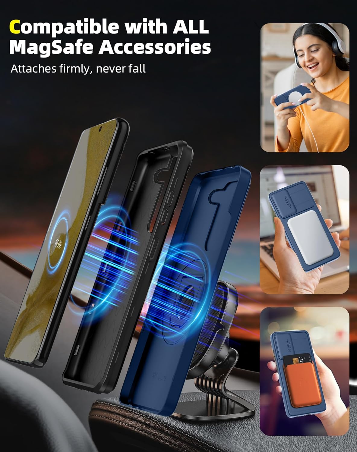 for Samsung Galaxy S22 Plus Case Magnetic Compatible with MagSafe Wireless Charging,with Screen Protector,for S22+Plus Case with Stand Ring+Camera Cover Shockproof Heavy Duty Protection Blue