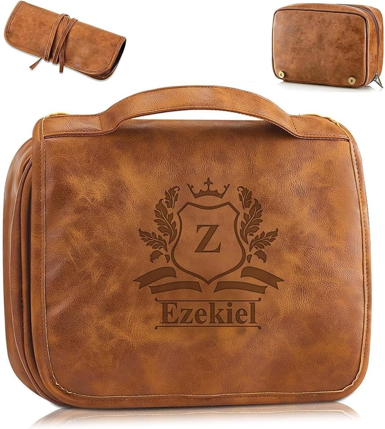 Bleggeit 3-in-1 Large Personalized PU Leather Toiletry Bag For Men, Custom Groomsmen Gifts Hanging Travel Organizer Bag, Laser Engraved Name Monogram Shaving Kit Gift For Him Husband Father Dad Dop