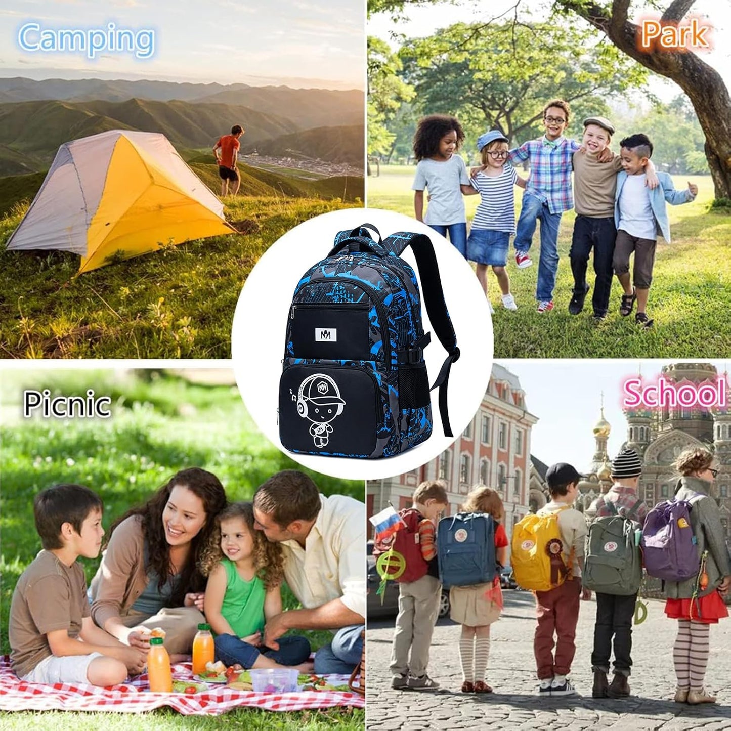 Bluboon Kids Backpack Boys Camo Bookbag Teens Elementary School Bag Daypack Travel Back Pack Middle school (Boy-football 2pcs)
