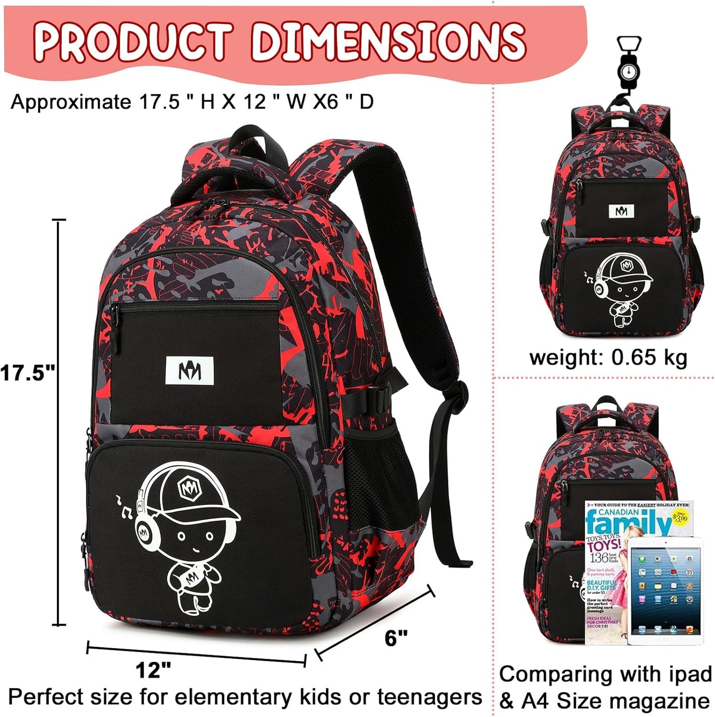 Bluboon Kids Backpack Boys Camo Bookbag Teens Elementary School Bag Daypack Travel Back Pack Middle school (Boy-red doodle 2pcs)